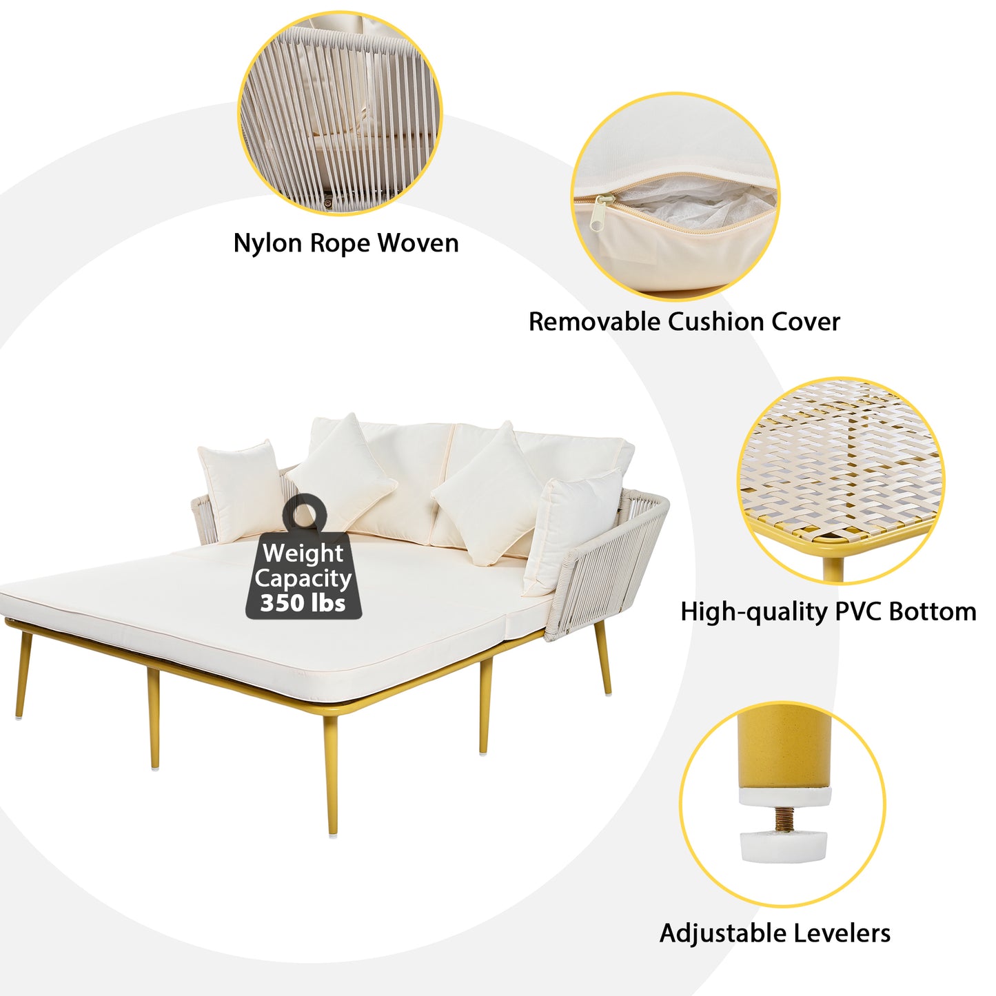 Outdoor Patio Daybed, Backrest with Washable Cushions