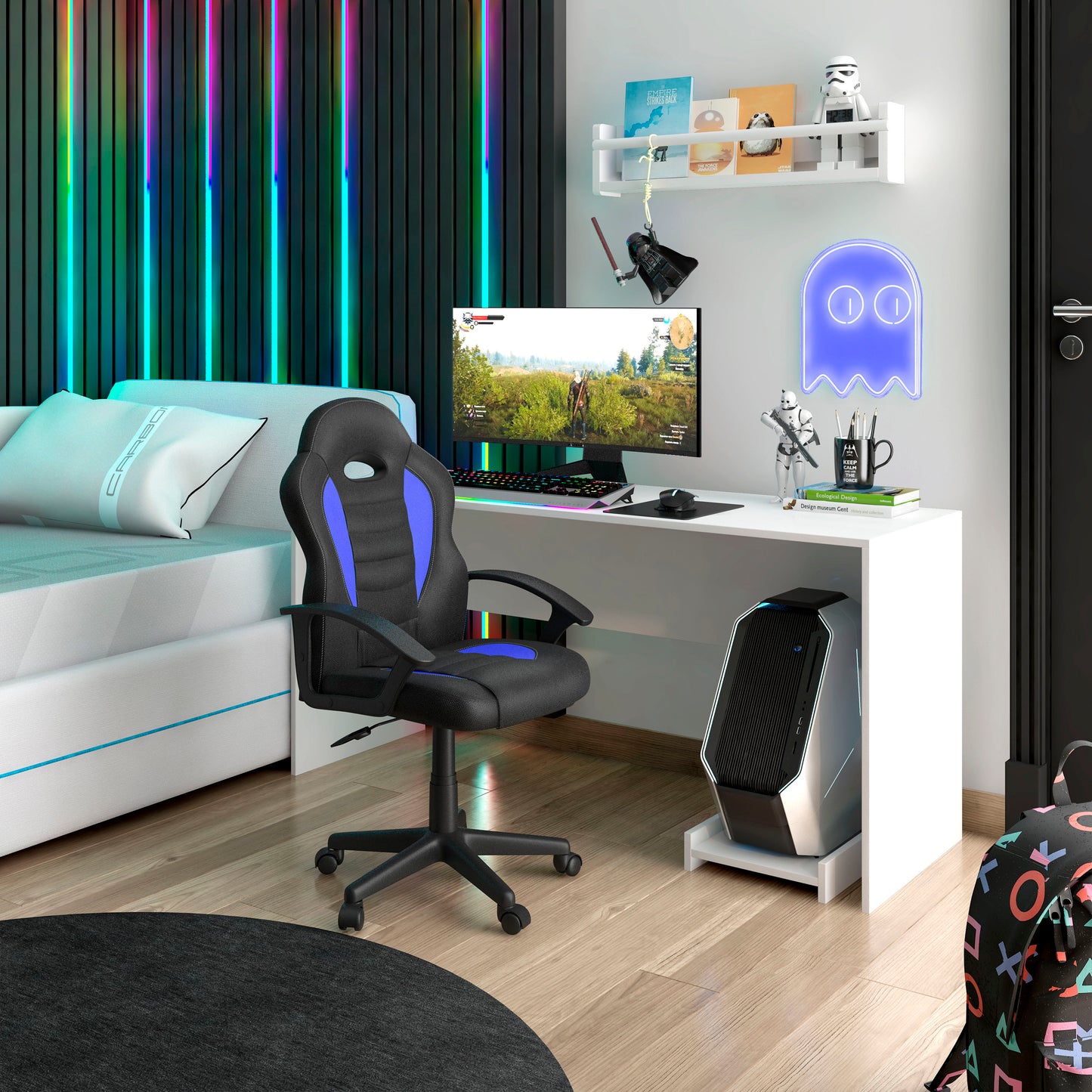 Gaming and Student Racer Chair with Wheels, Blue