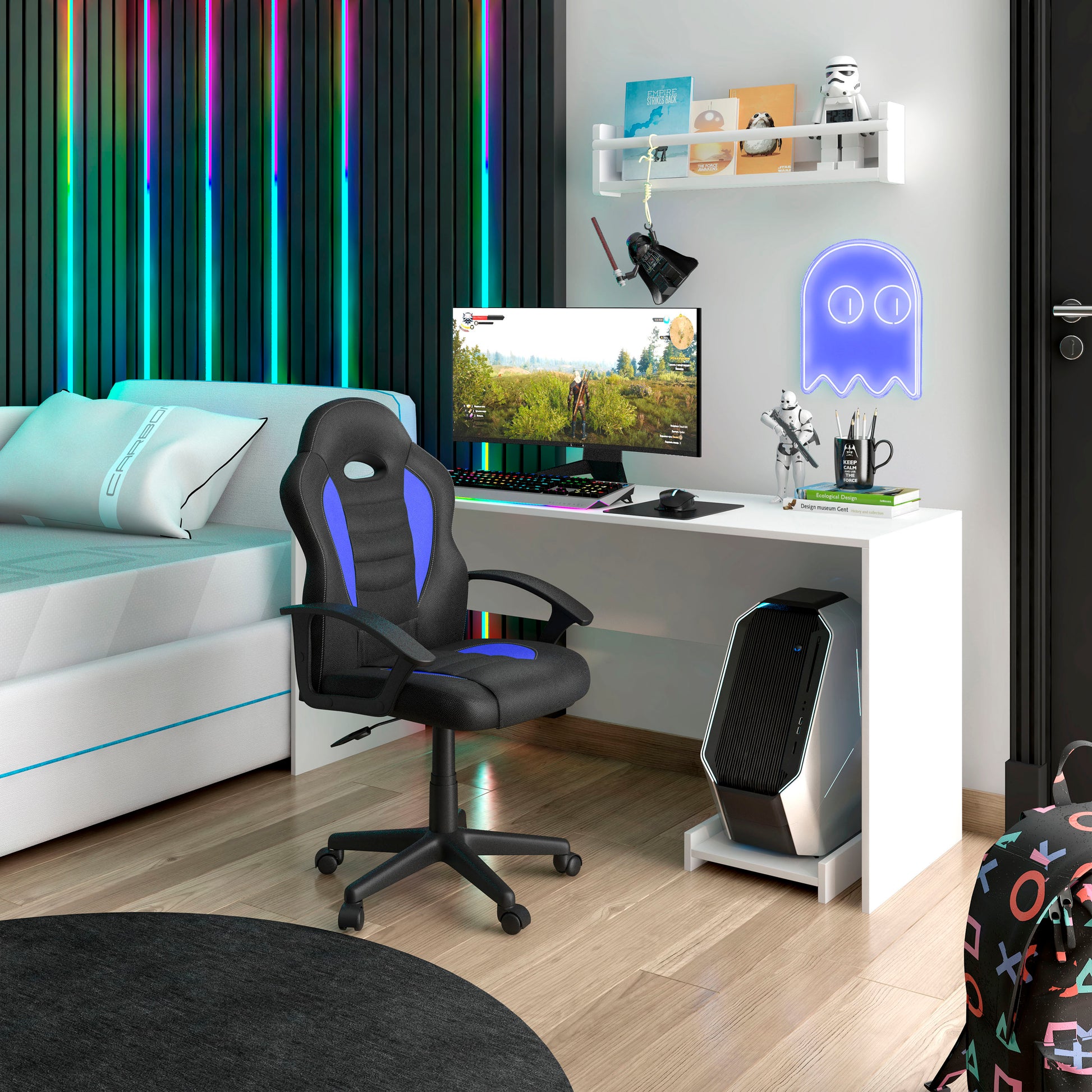 Gaming and Student Racer Chair with Wheels, Blue