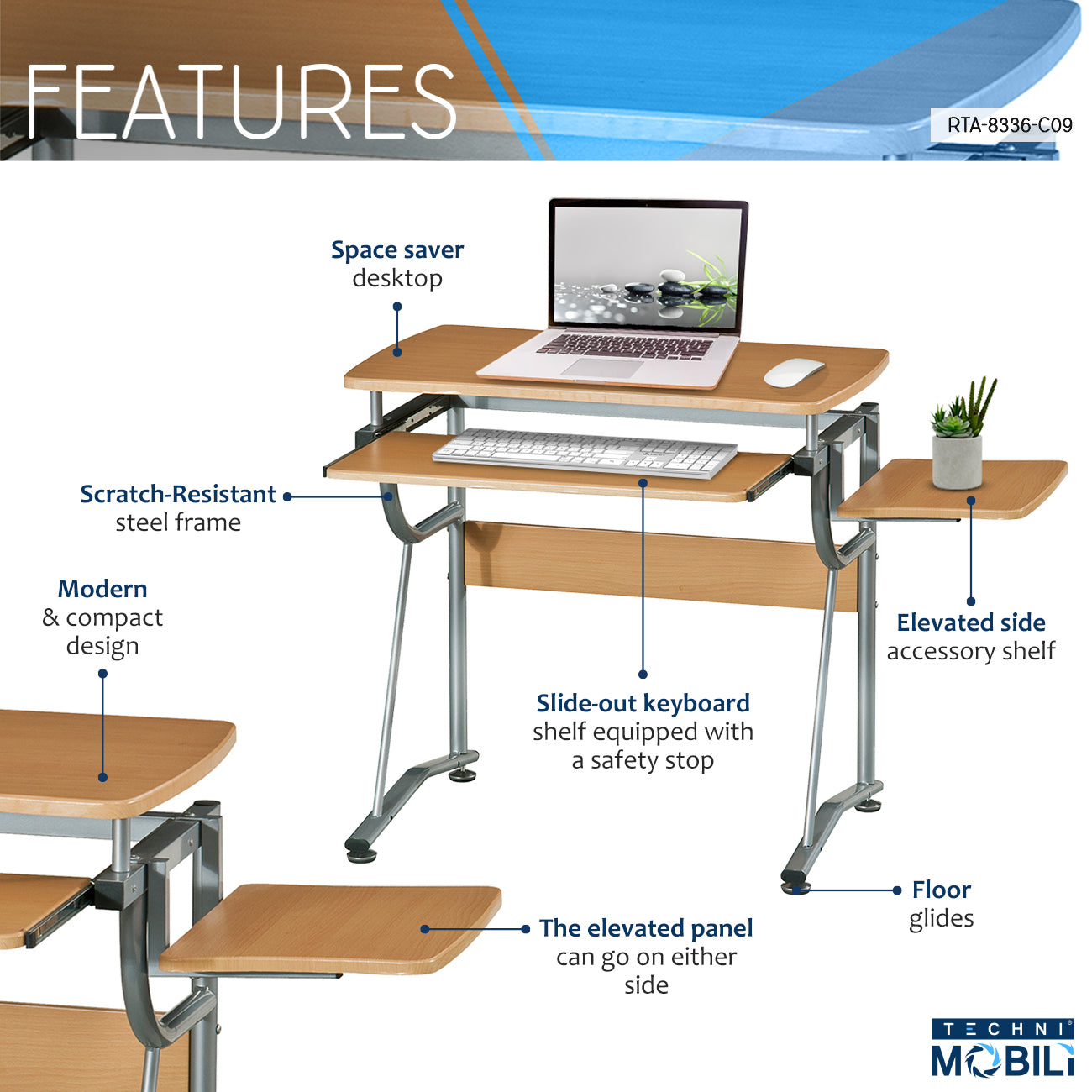 Techni Mobili Compact Computer Desk, Side Shelf, Keyboard Panel