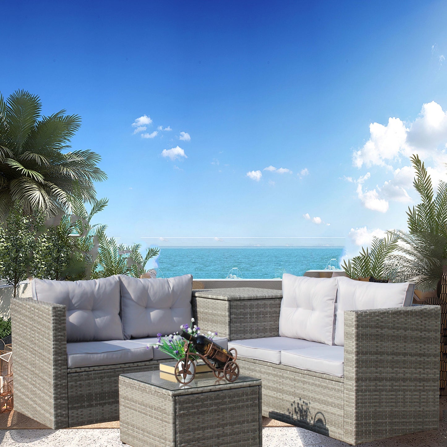 4 Piece Patio Sectional Outdoor Furniture Sofa Set, Storage
