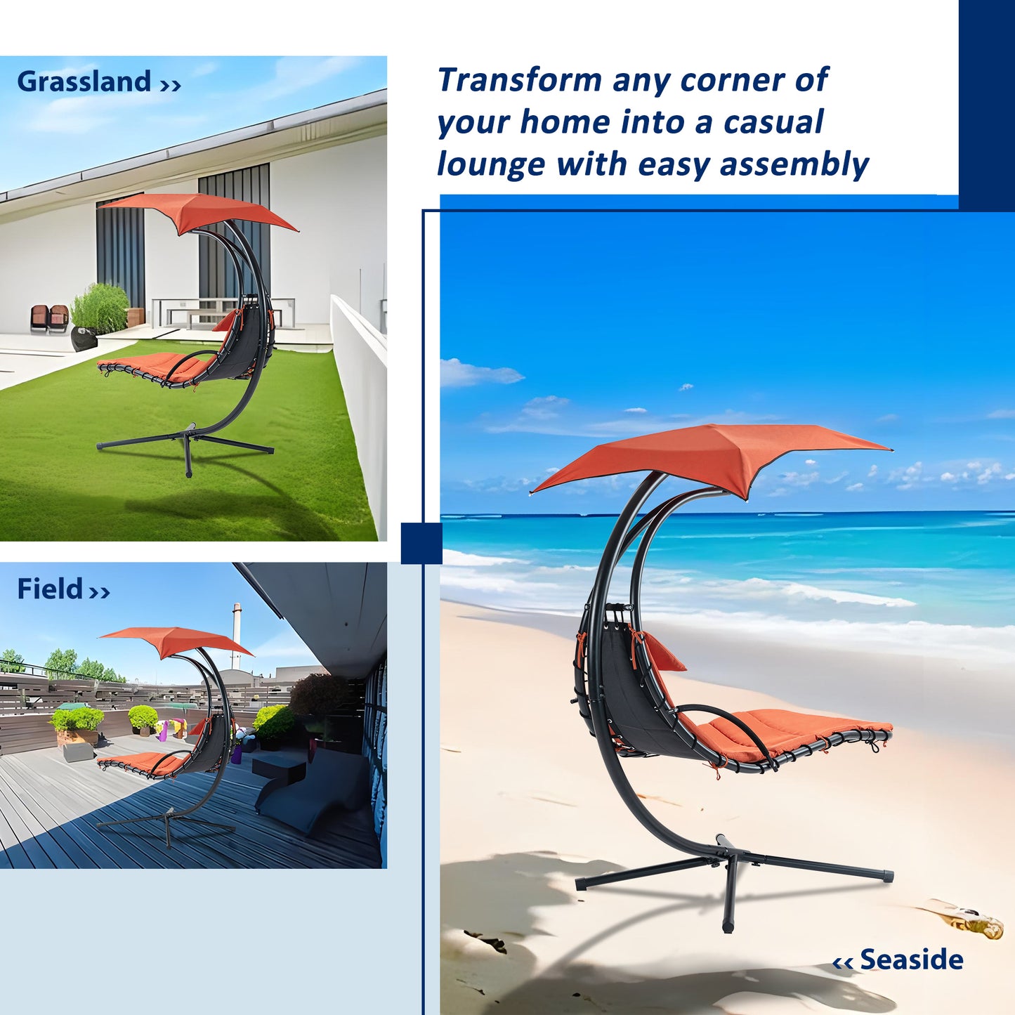 Hanging Chaise Lounger, Removable Canopy, Outdoor Swing Chair