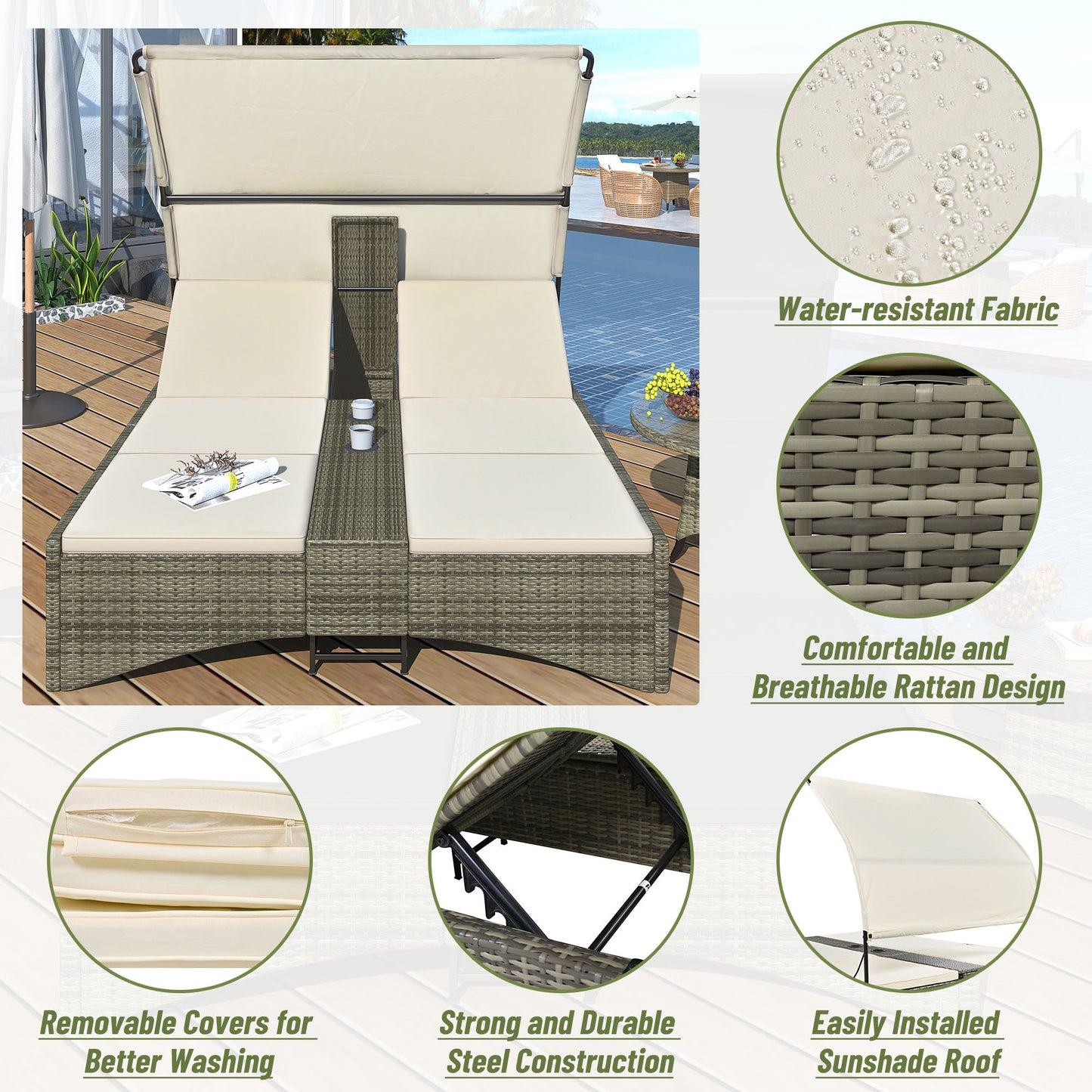 Patio Daybed Outdoor Daybed, Shelter Roof, Adjustable Backrest, Storage Box