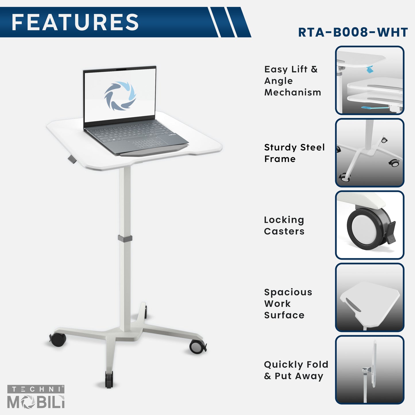 Mobile Laptop Computer Stand, Height Adjustable, Tiltable Tabletop