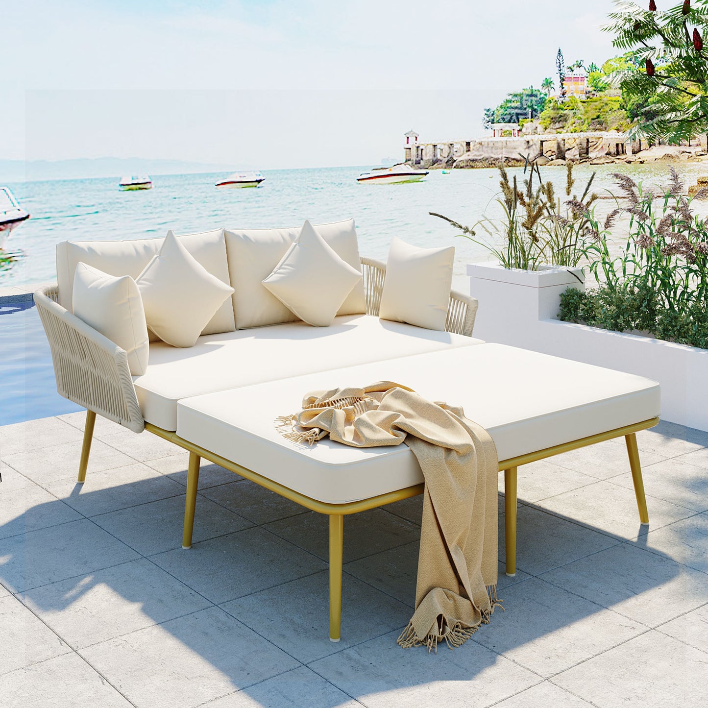 Outdoor Patio Daybed, Backrest with Washable Cushions