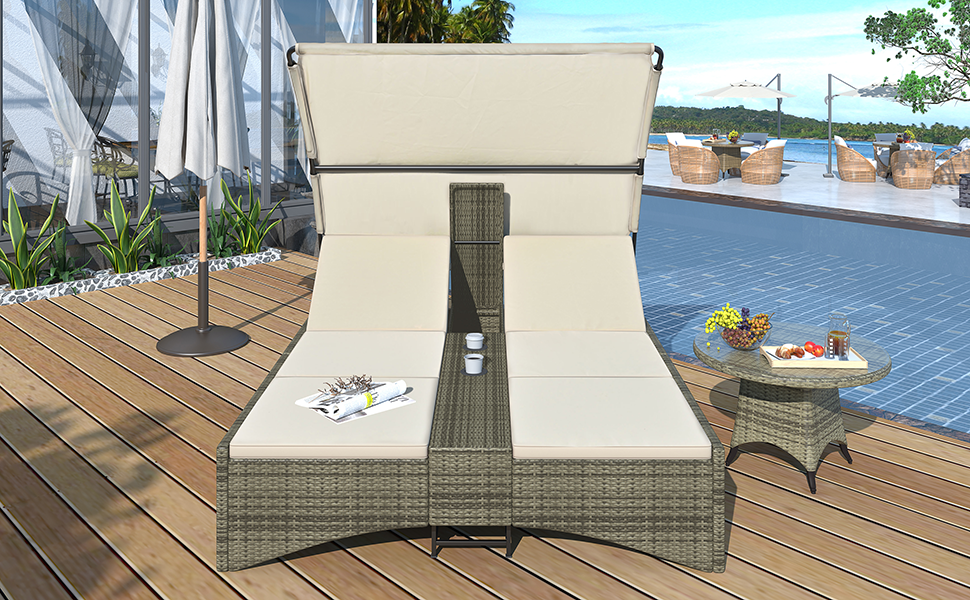 Patio Daybed Outdoor Daybed, Shelter Roof, Adjustable Backrest, Storage Box