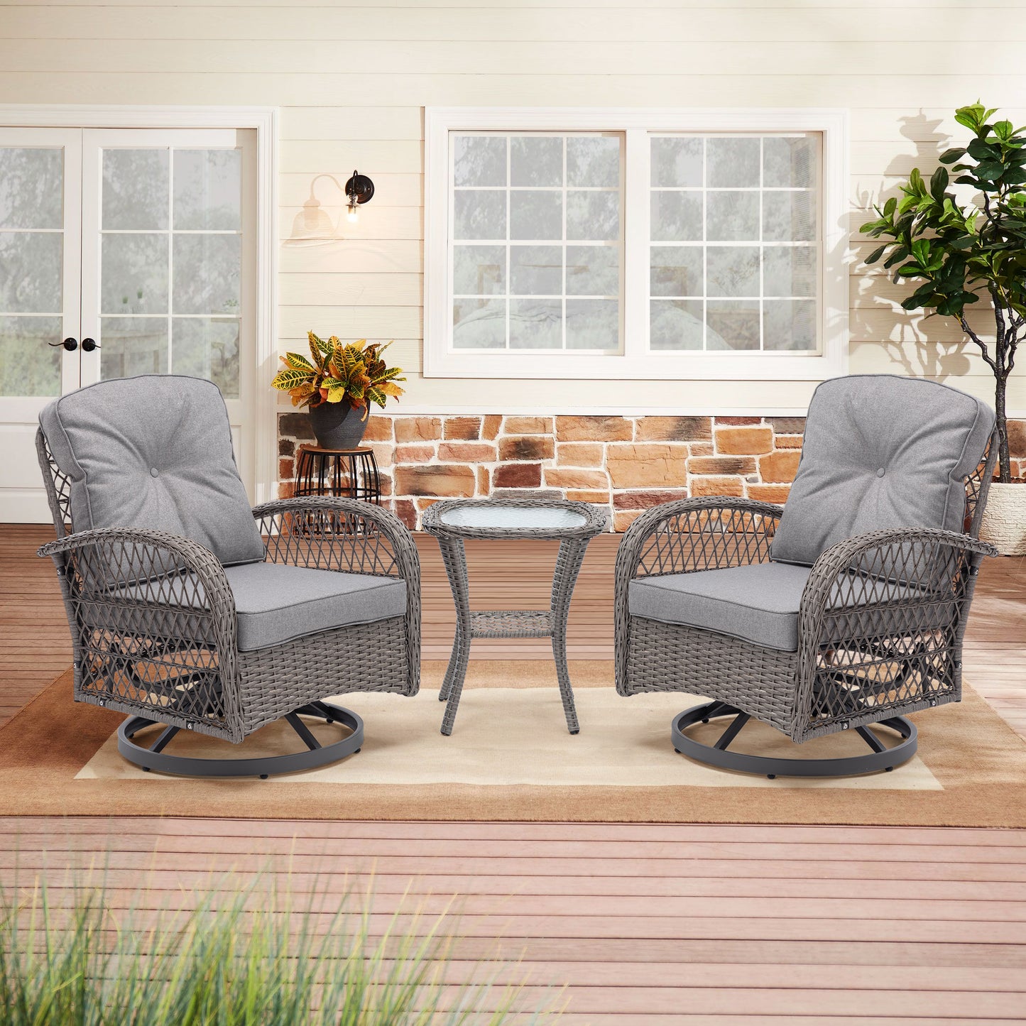 3 Pieces Outdoor Patio Chairs, 360 Degree Rocking