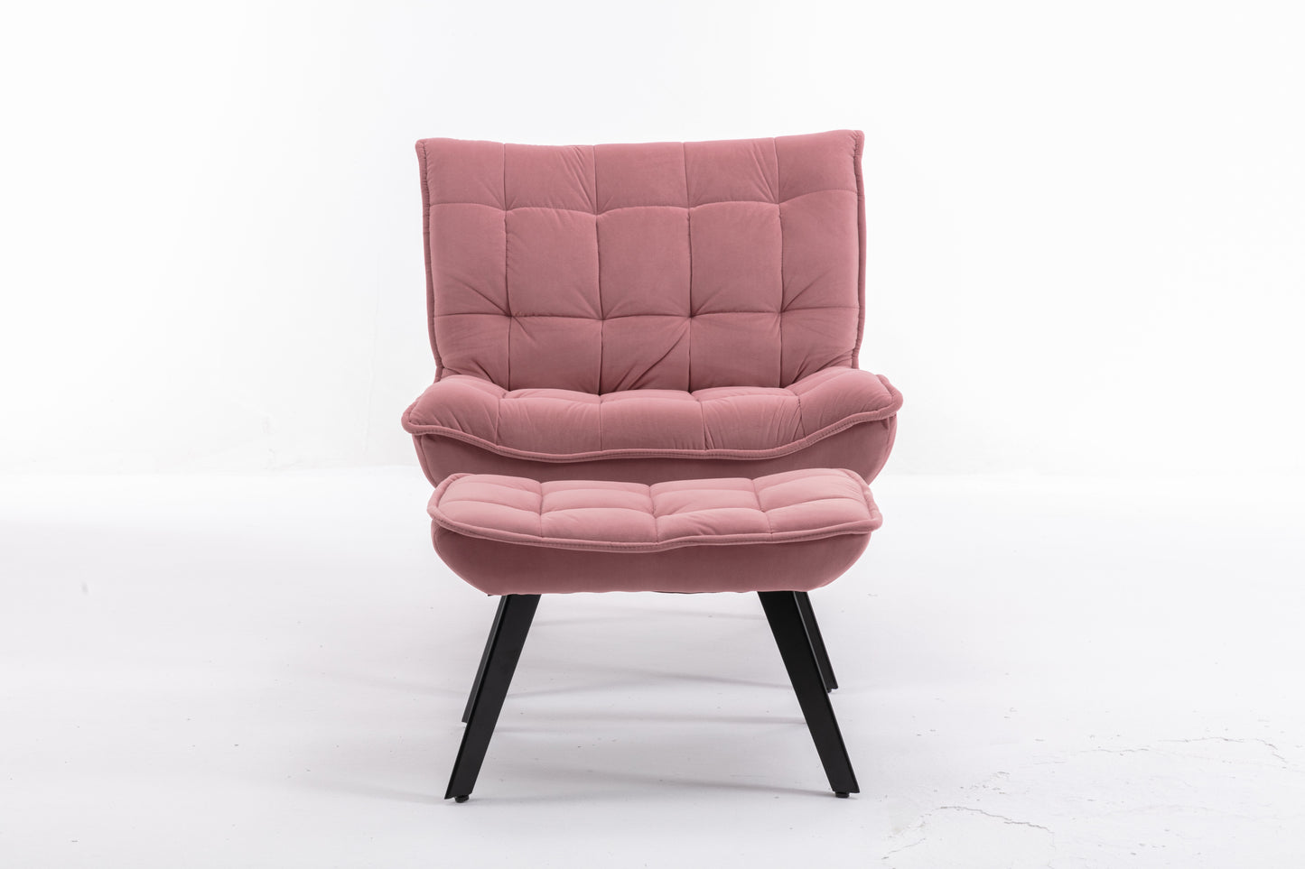 Modern Pink Velvet Accent Chair with Ottoman, Black Legs, Indoor Living
