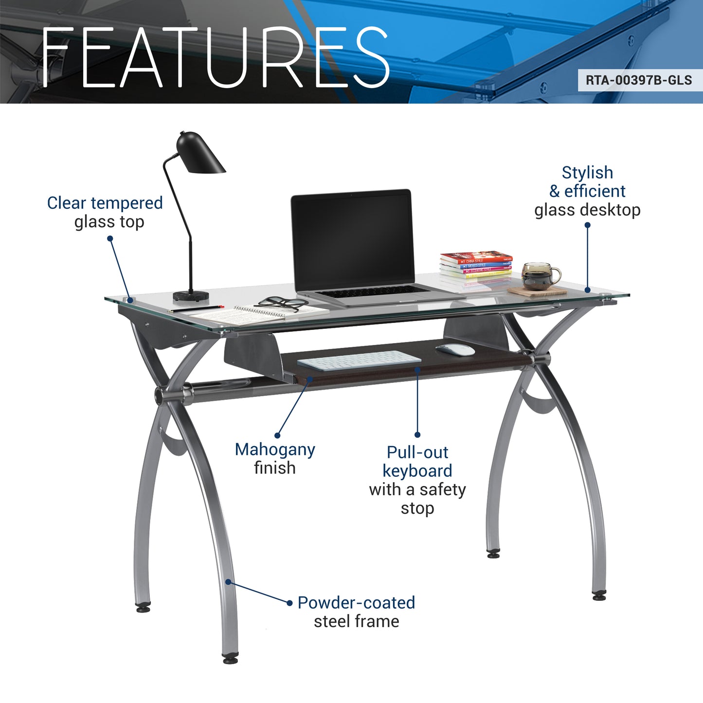 Top Computer Desk with Pull Out Keyboard Panel, Clear