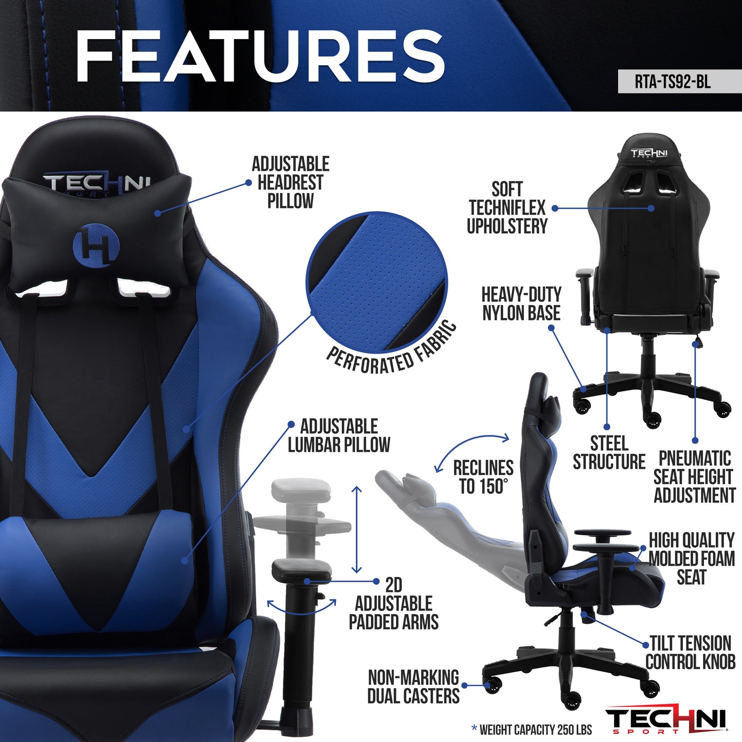 Techni Sport Office-PC Gaming Chair, Blue