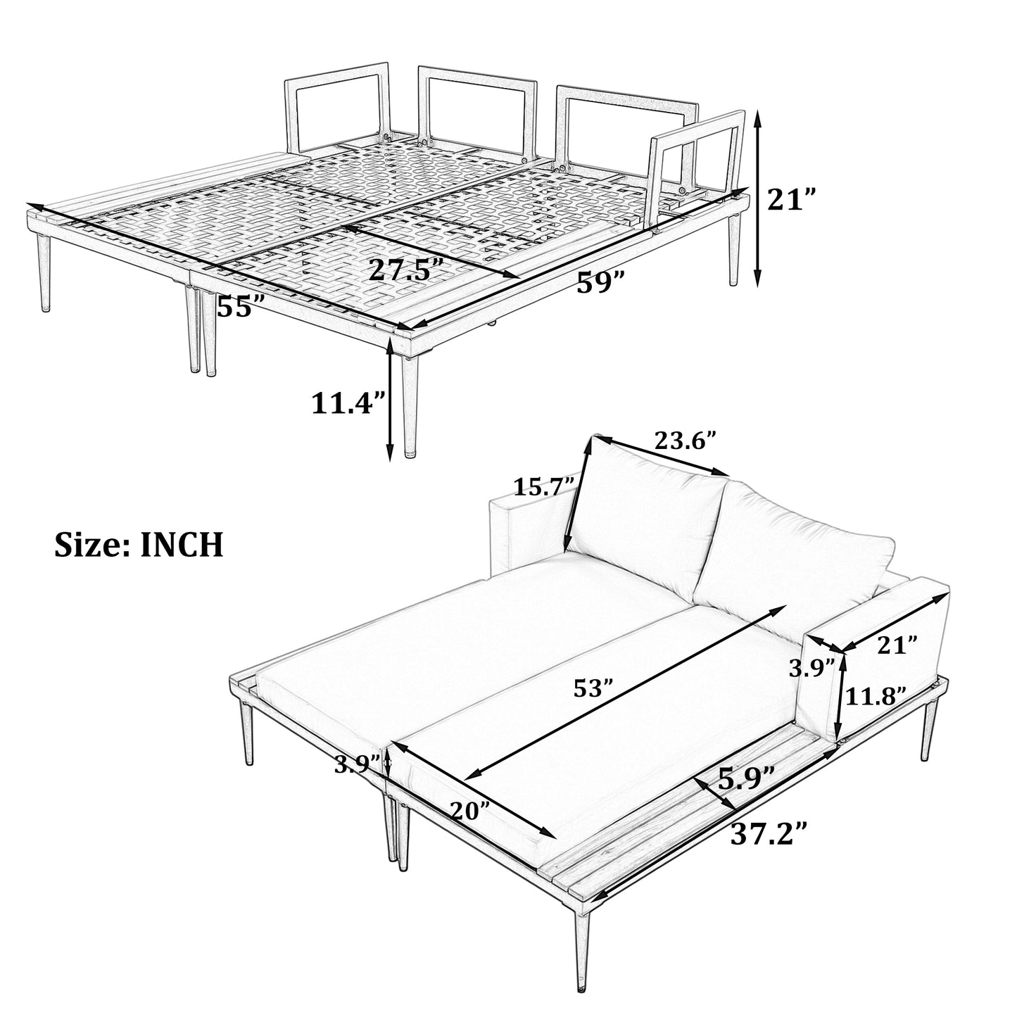 Outdoor Daybed Patio with Wood Topped Side Spaces for Drinks