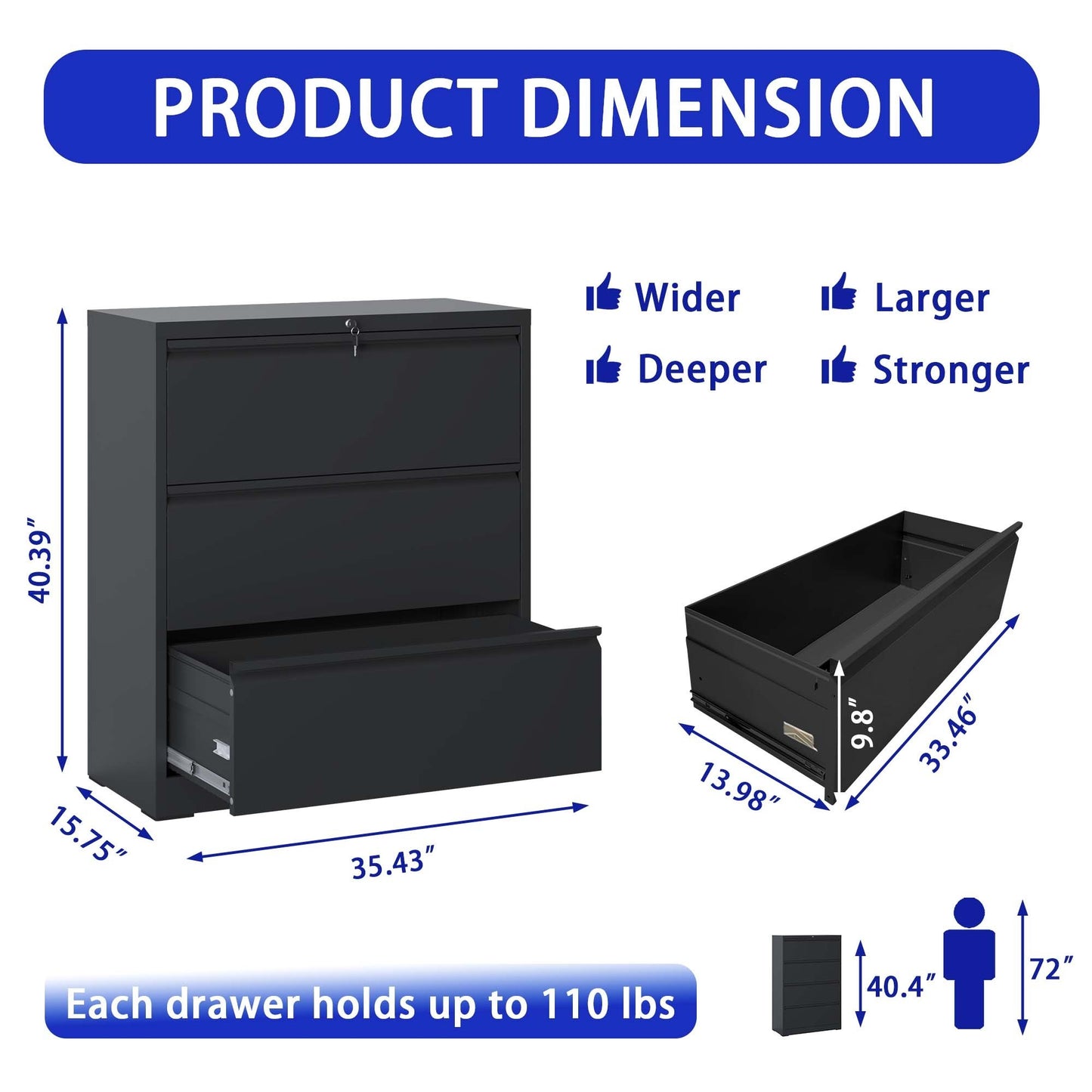 3 Drawer Filing Cabinet Lockable for Home Office