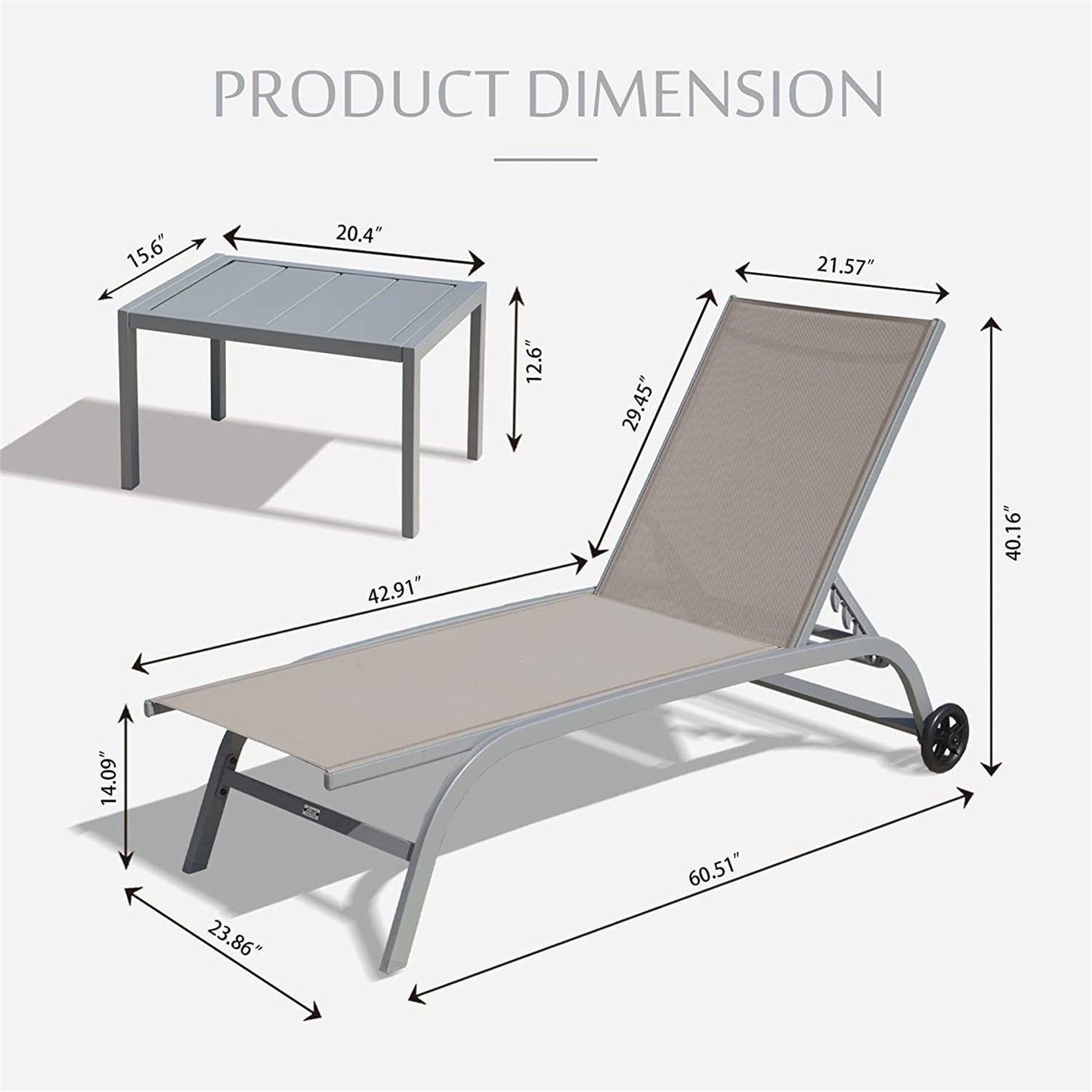 Chaise Lounge Outdoor Set of 3, Lounge Chairs for Outside, Wheels