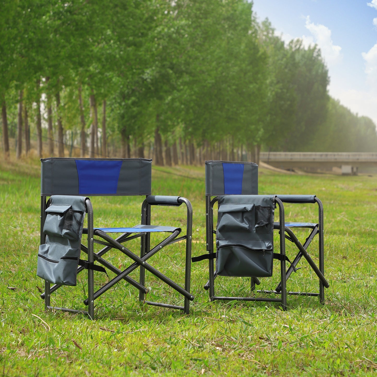 2-piece Padded Folding Outdoor Chair with Storage Pockets