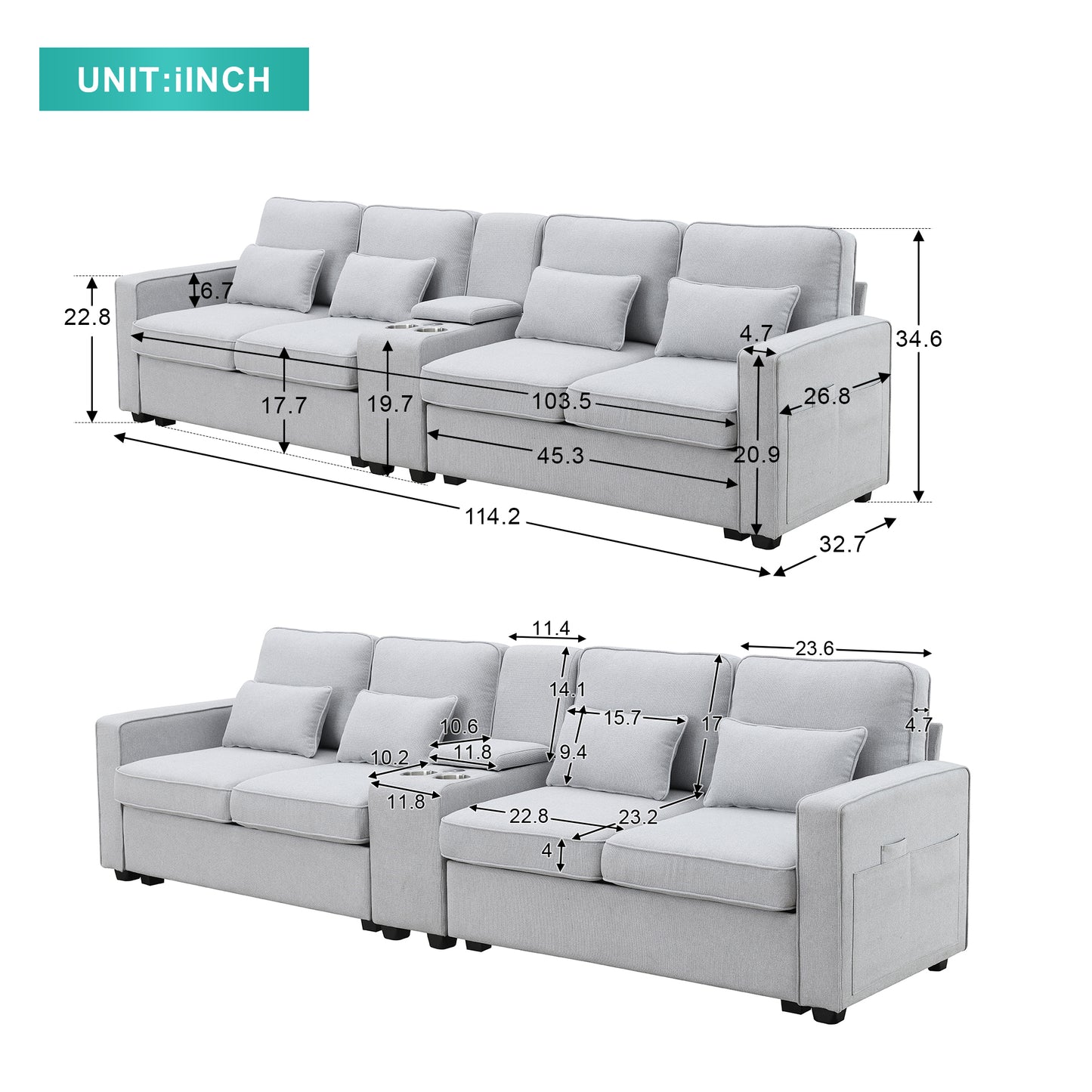 Upholstered Sofa, Console, USB, Linen, 4 Pillows (4-Seat)