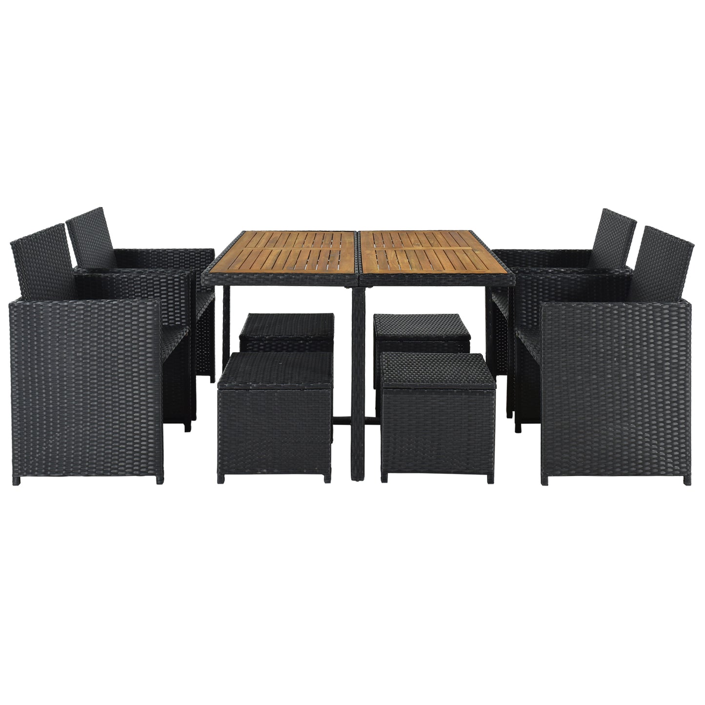 9-Piece Dining Set, Wood Tabletop, Black Rattan, Beige Cushion