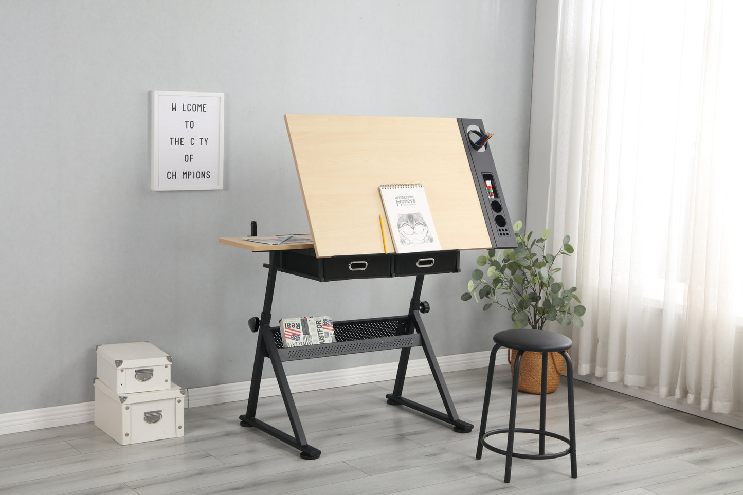 Adjustable drawing drafting table desk, 2 drawers for office
