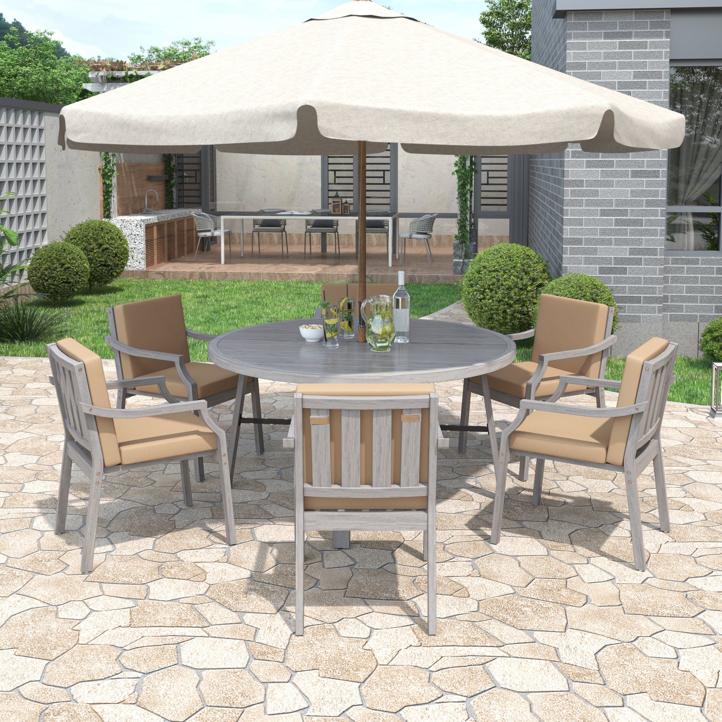 Outdoor Dinning Set 6-Person Outdoor, Umbrella Removable Cushions
