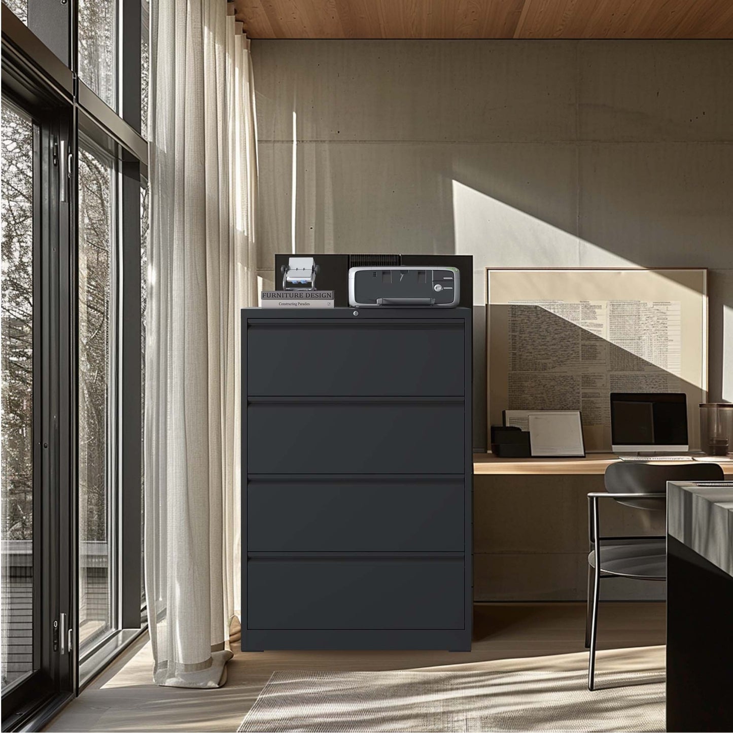 File Cabinet 4 Drawer, Black Filing Cabinet Lockable Home Office