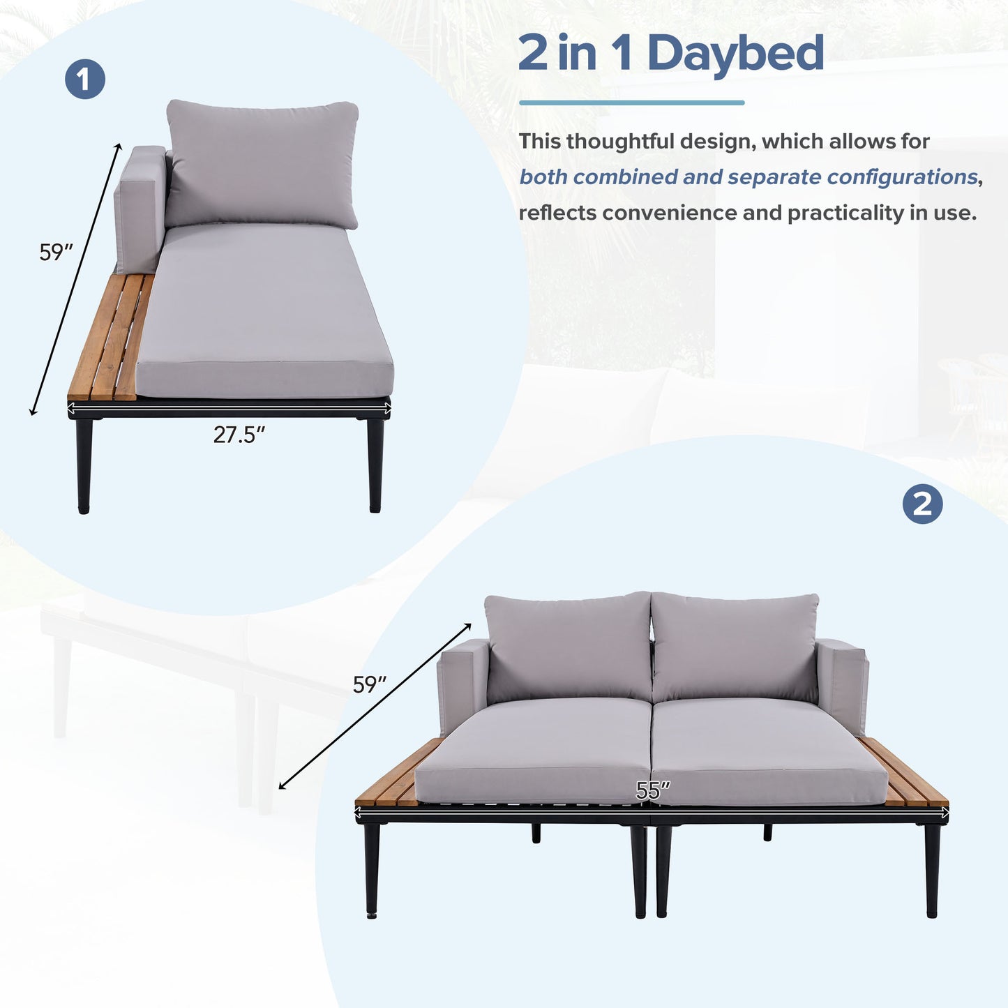 Outdoor Daybed Patio with Wood Topped Side Spaces for Drinks