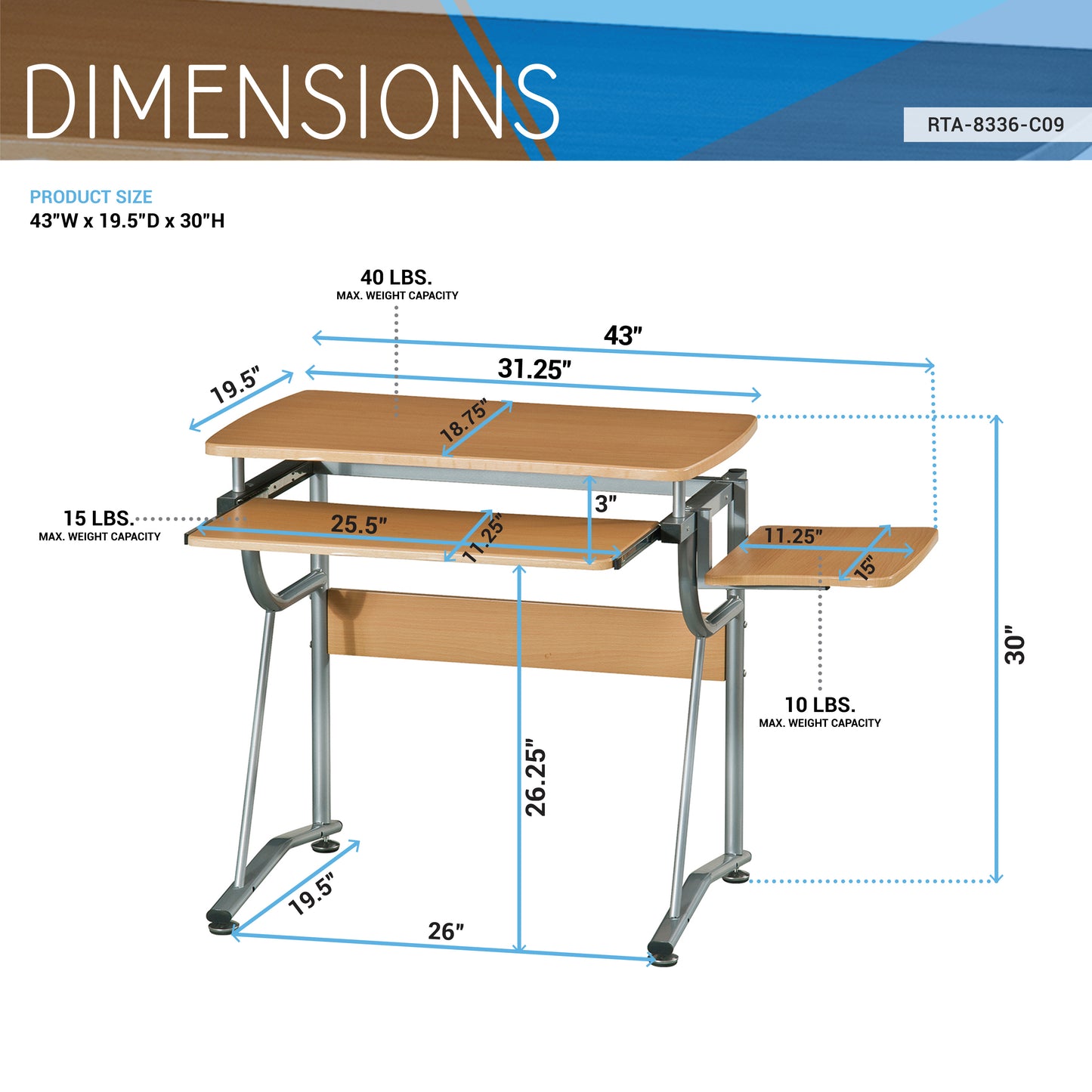 Techni Mobili Compact Computer Desk, Side Shelf, Keyboard Panel