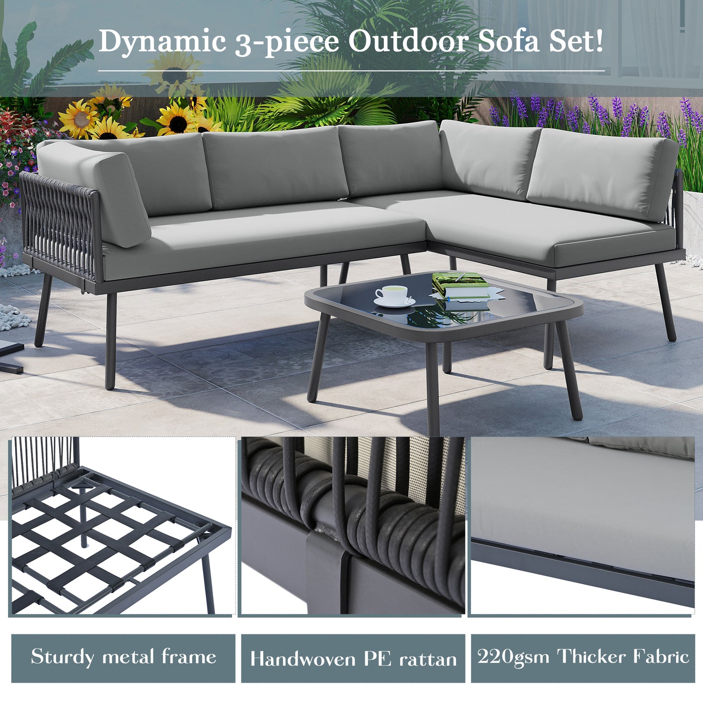 Modern Outdoor 3-Piece Sofa Set All Weather Patio