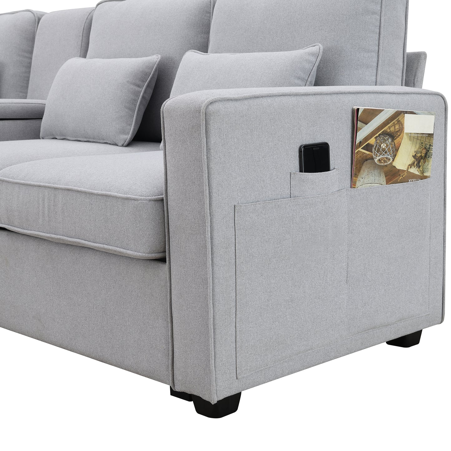 Upholstered Sofa, Console, USB, Linen, 4 Pillows (4-Seat)