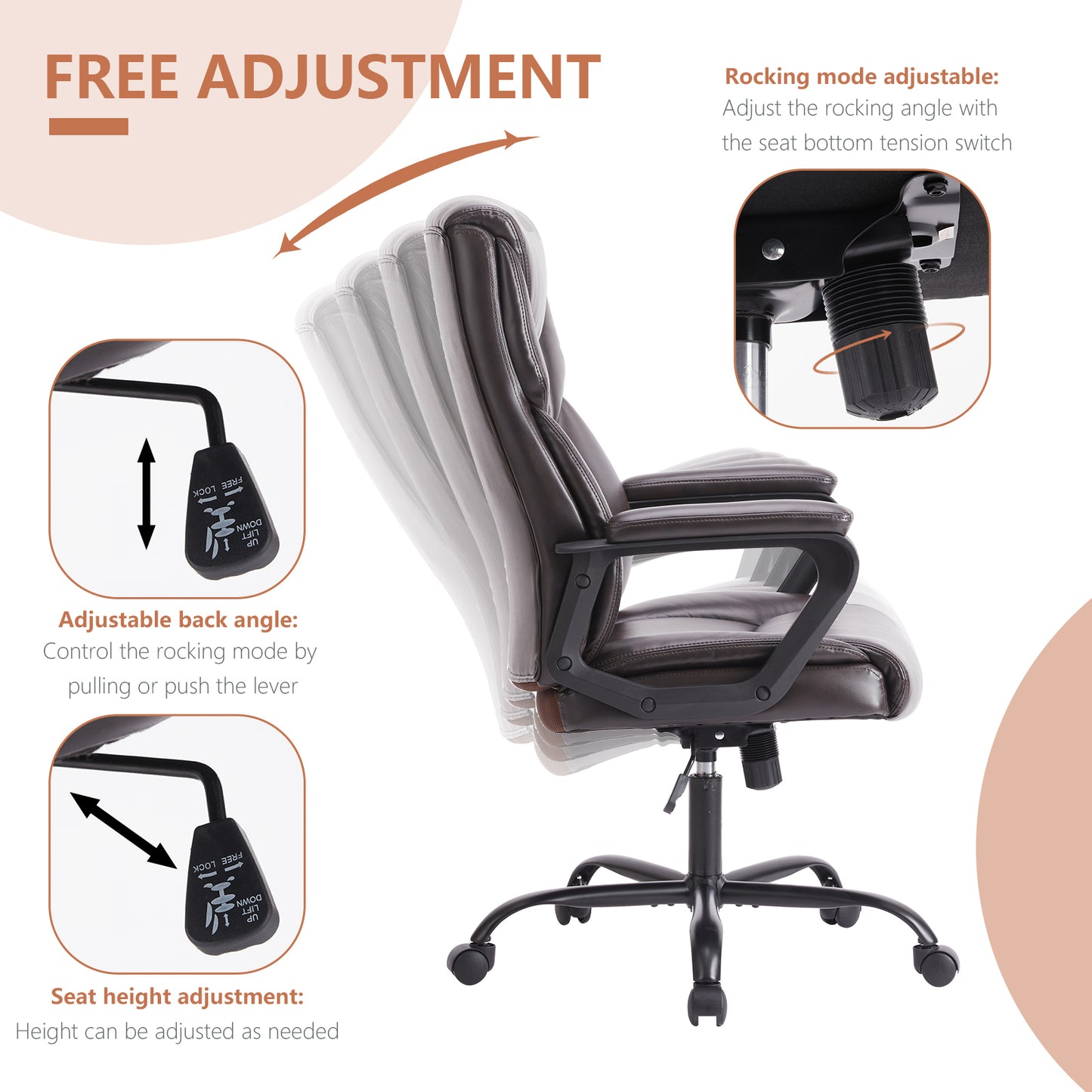 Home Office Chair Ergonomic Leather with Armrests