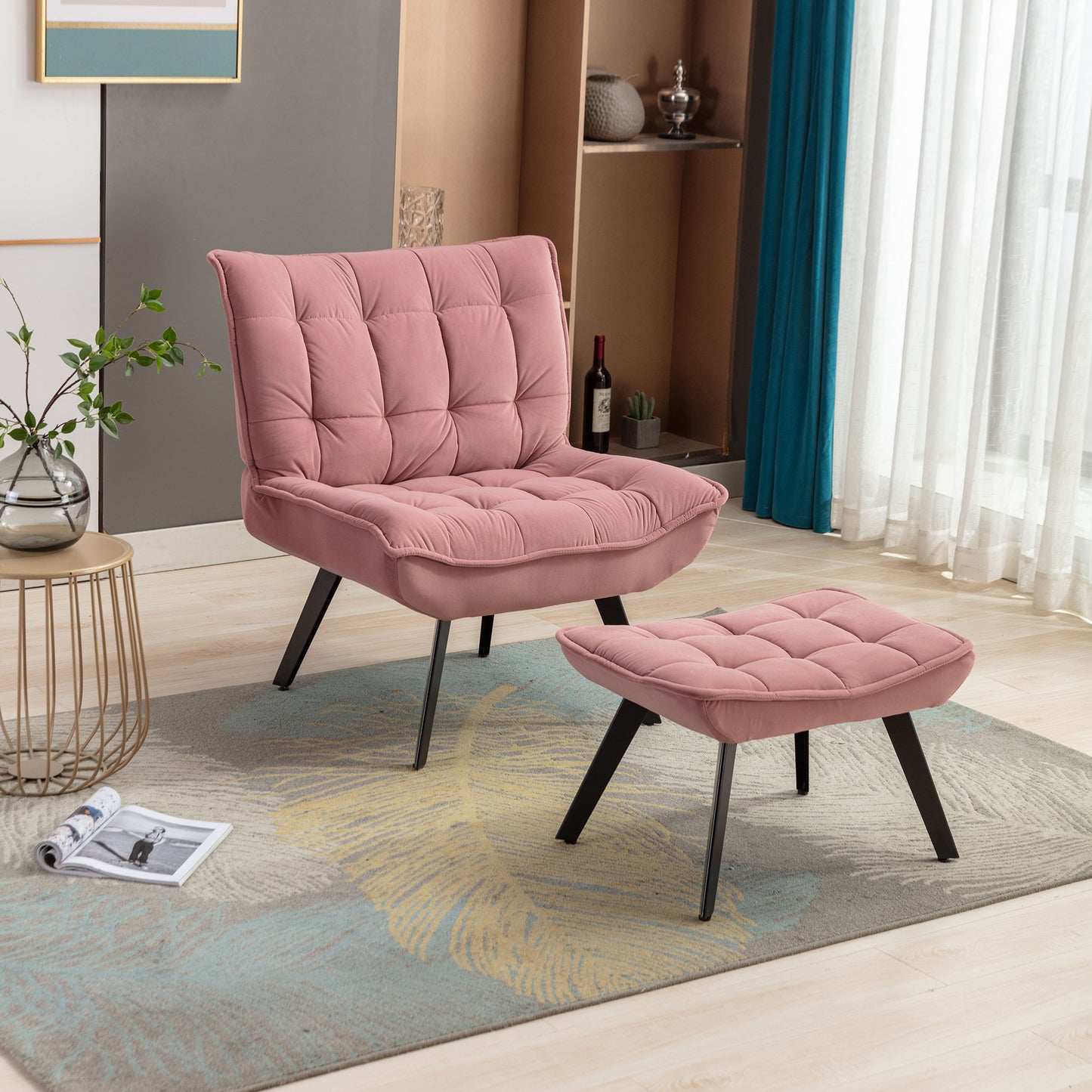 Modern Pink Velvet Accent Chair with Ottoman, Black Legs, Indoor Living