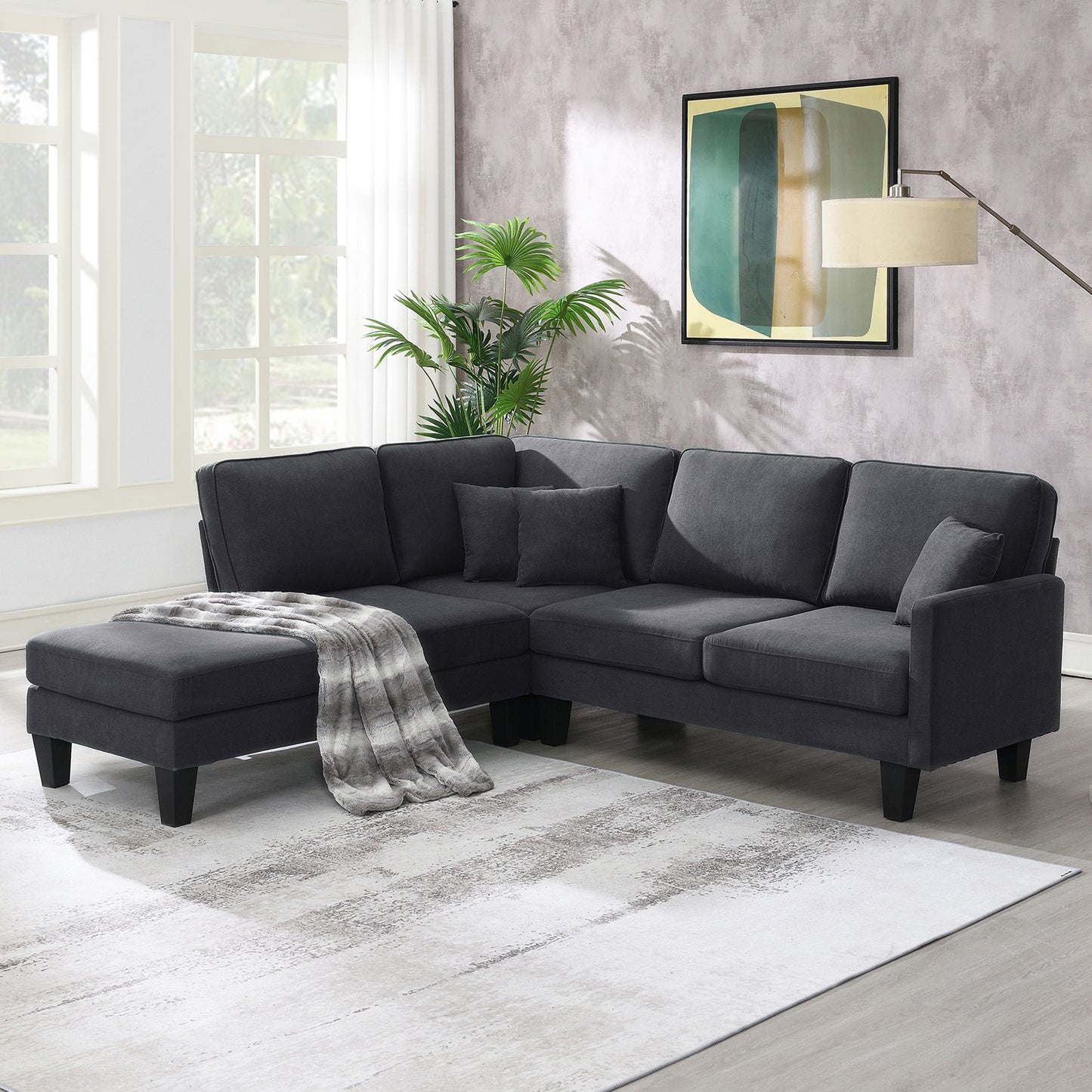 Terrycloth Sectional Sofa, 5-Seat Set, Chaise Lounge, L-Shape, Living Room, Grey