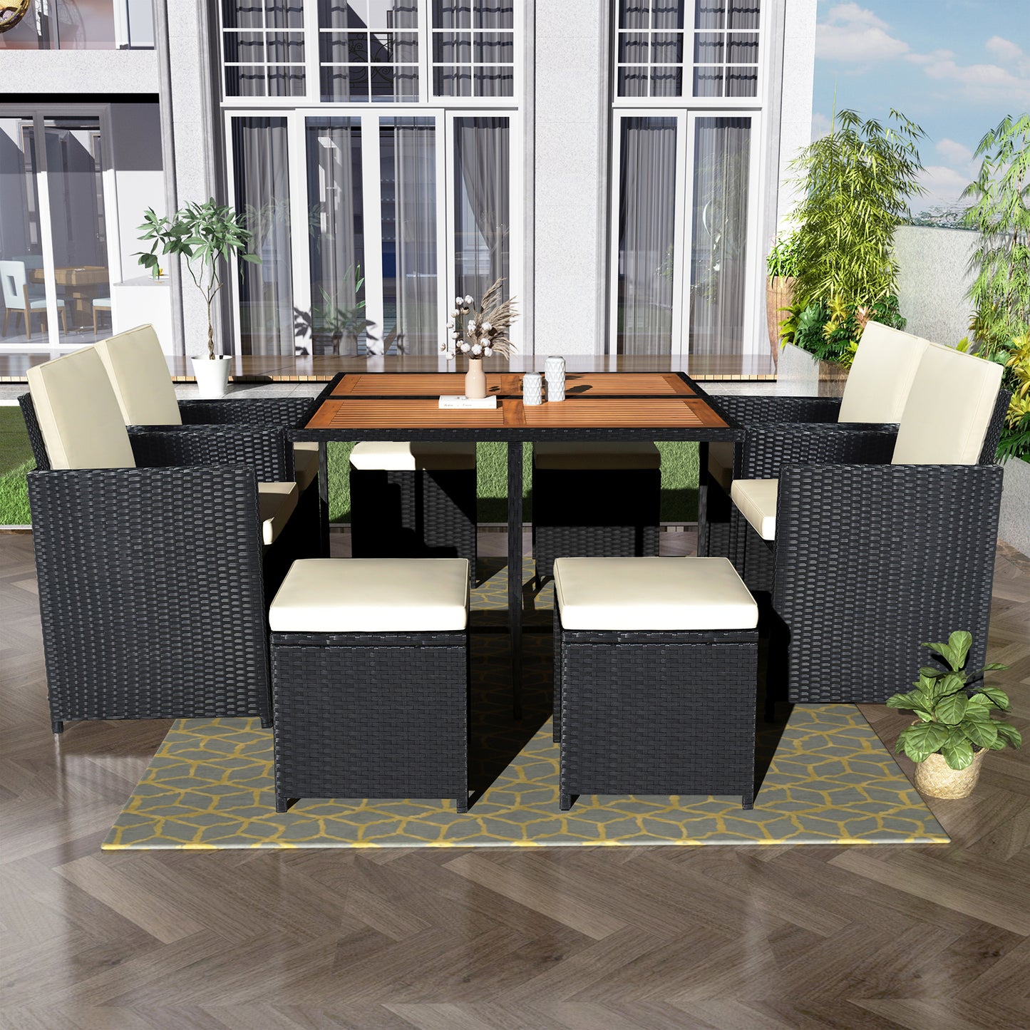 9-Piece Dining Set, Wood Tabletop, Black Rattan, Beige Cushion