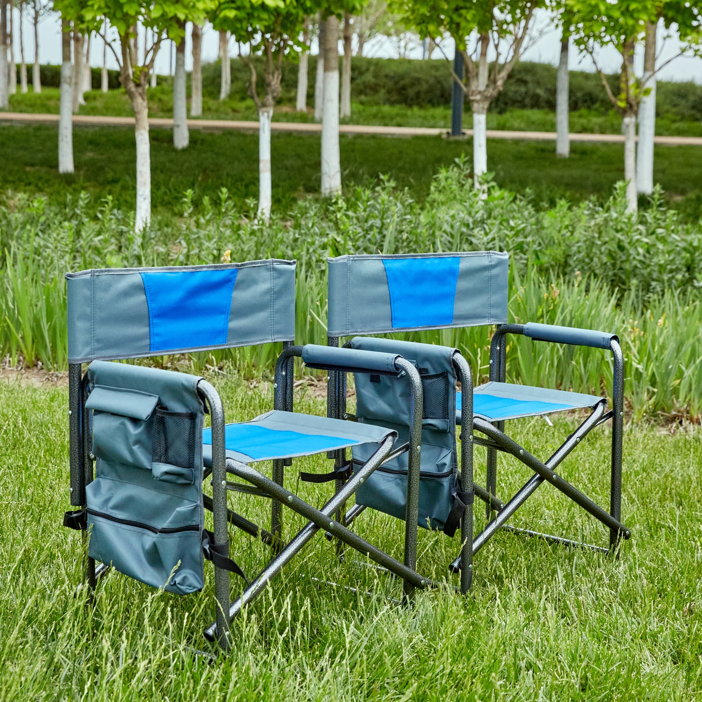 2-piece Padded Folding Outdoor Chair with Storage Pockets