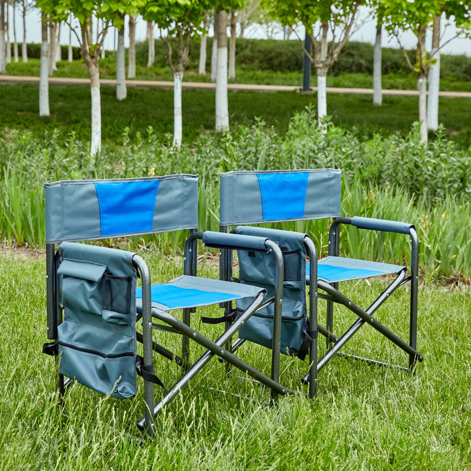 2-piece Padded Folding Outdoor Chair with Storage Pockets