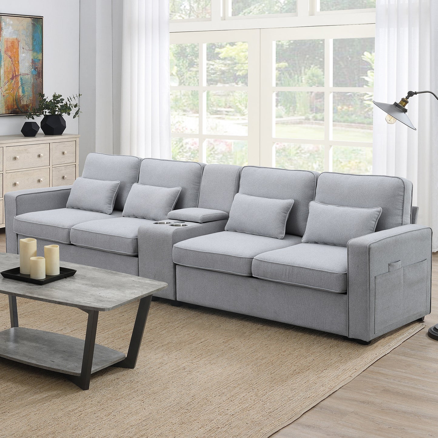 Upholstered Sofa, Console, USB, Linen, 4 Pillows (4-Seat)