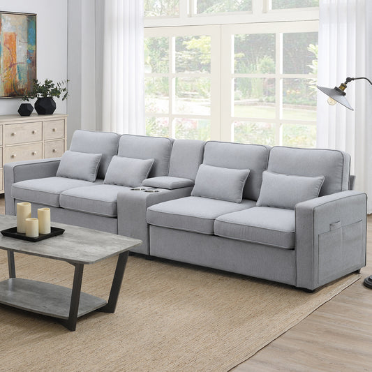 Upholstered Sofa, Console, USB, Linen, 4 Pillows (4-Seat)