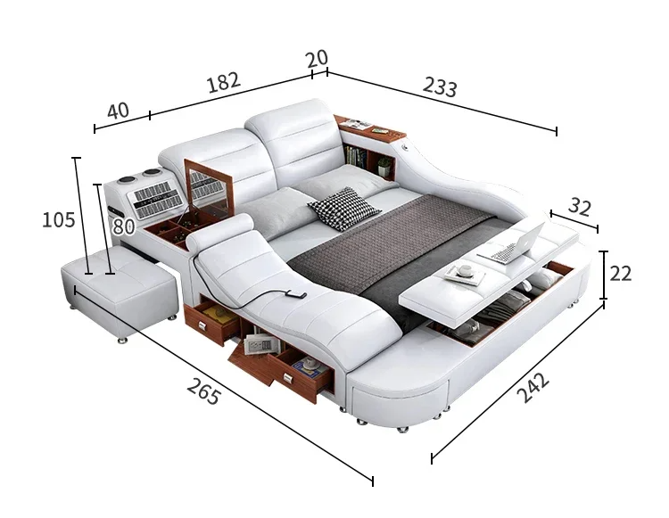 King Size Smart Bed - White Wood, Storage, Modern Nordic Design