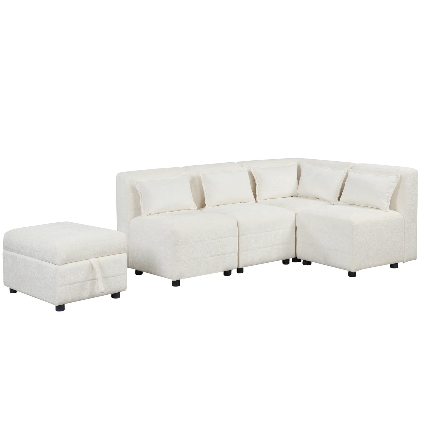 Sectional Sofa 5-seater Modular Couches, Storage Ottoman, 5 Pillows, Cream