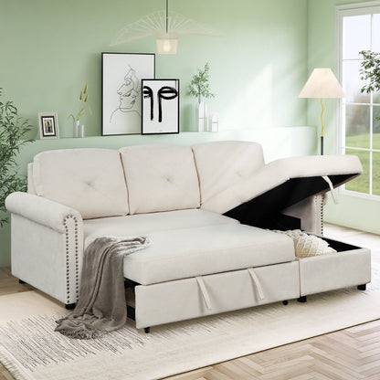Modern Convertible Sleeper Sofa Bed with Storage Chaise, Beige