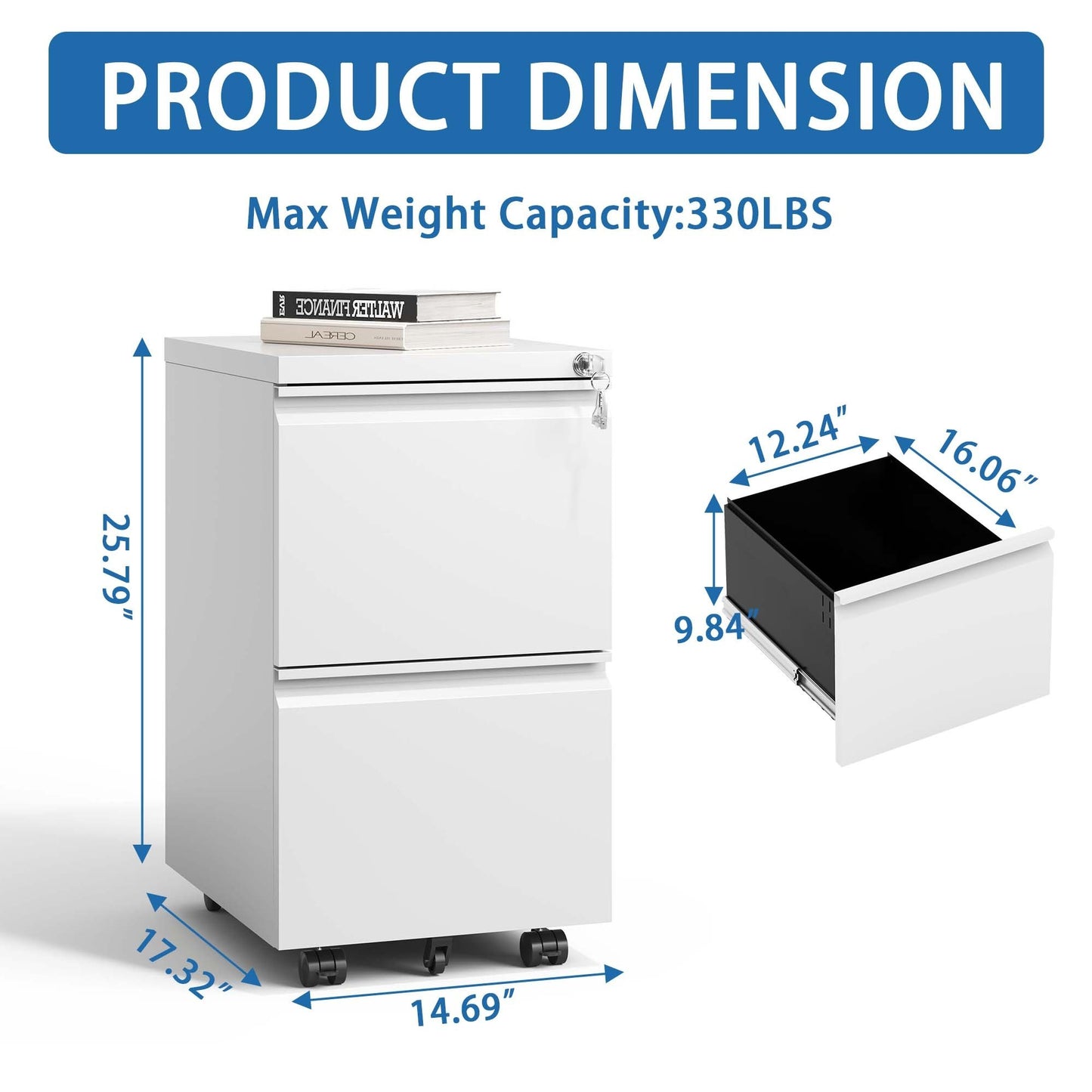 2 Drawer Metal Mobile File Cabinet, Rolling File