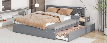 Full Size Wood Storage Bed with Twin Size Trundle, Side Table