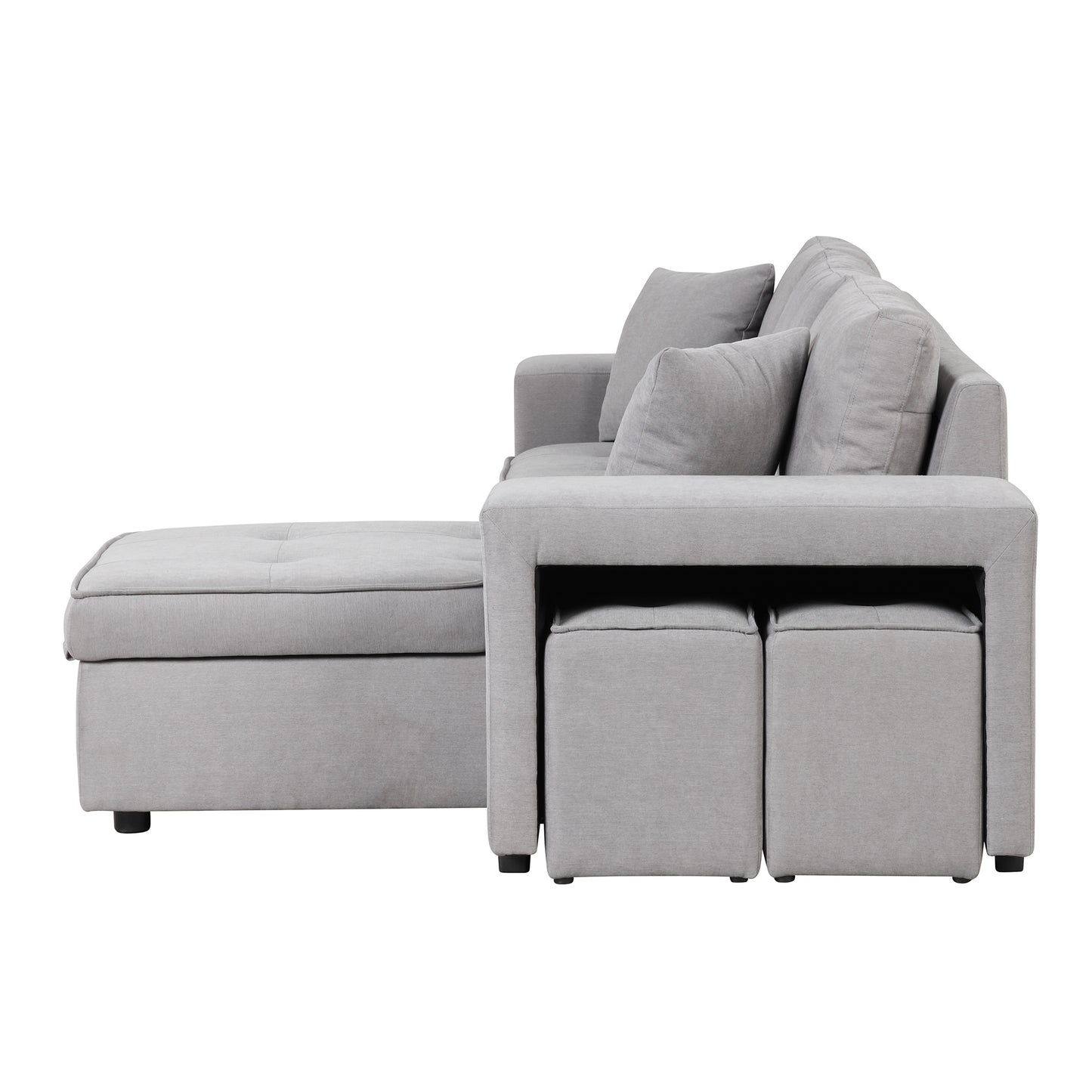 Modern L-Shape Sectional, Sleeper Sofa, Storage Chaise, 2 Stools, Grey