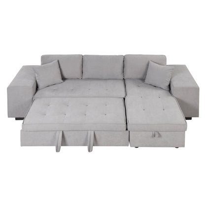 Modern L-Shape Sectional, Sleeper Sofa, Storage Chaise, 2 Stools, Grey