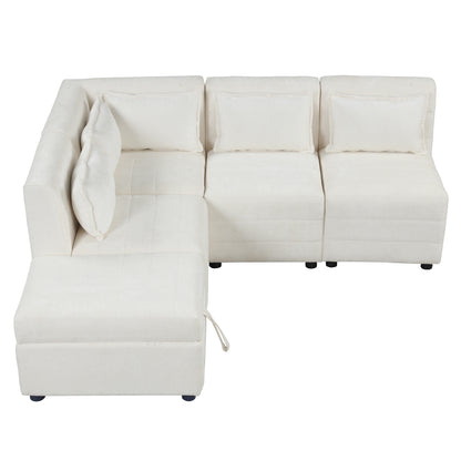 Sectional Sofa 5-seater Modular Couches, Storage Ottoman, 5 Pillows, Cream