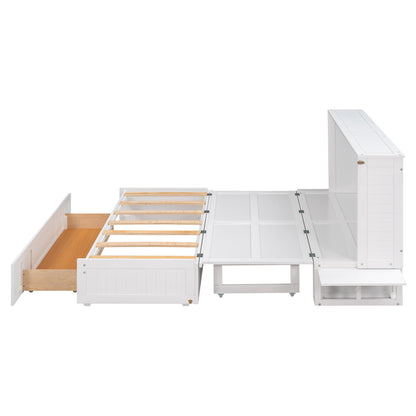 Mobile Murphy Bed: Queen Size with Drawer and Side Shelves, White