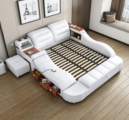 King Size Smart Bed - White Wood, Storage, Modern Nordic Design