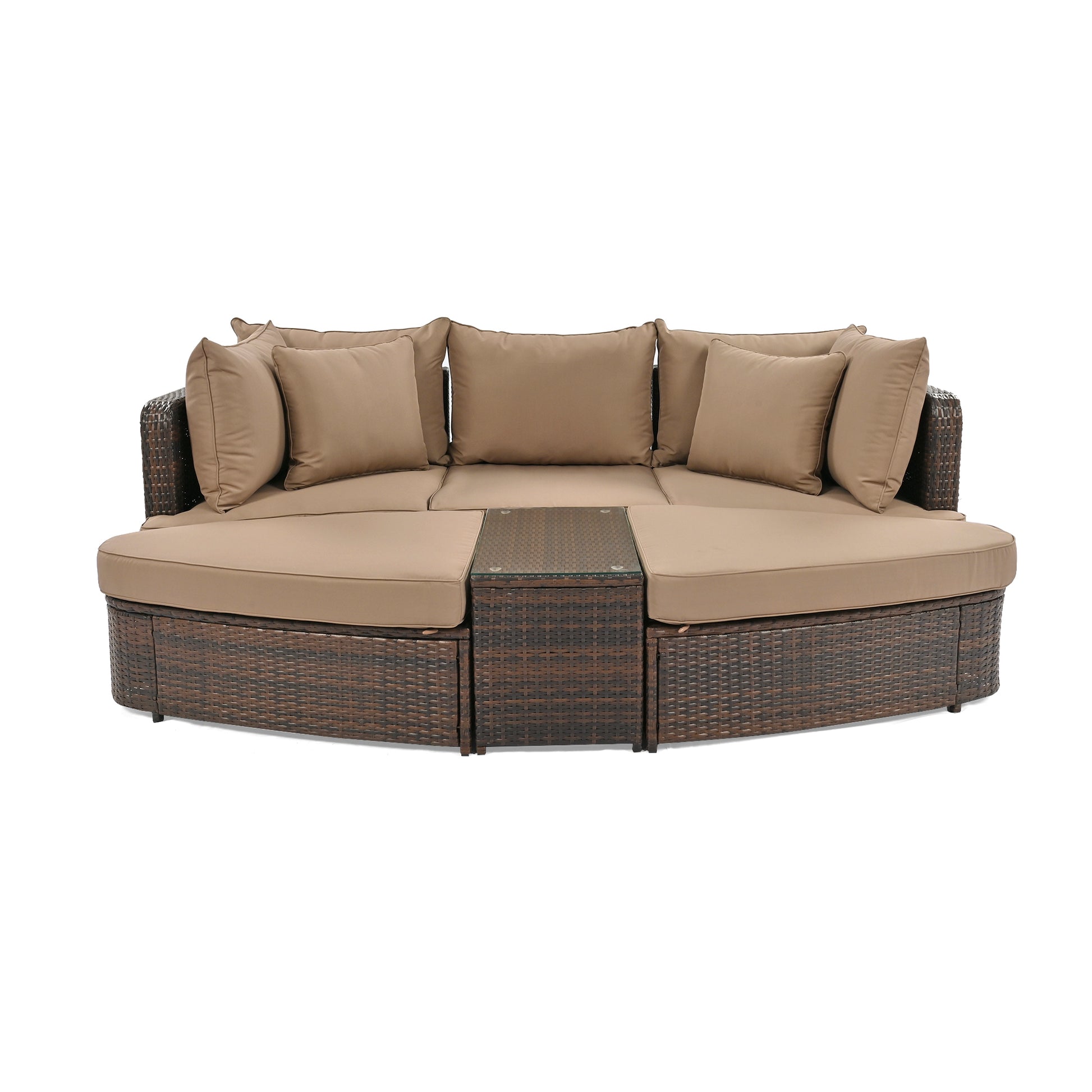 6-Piece Patio Outdoor Conversation Round Sofa Set, Coffee Table, Brown