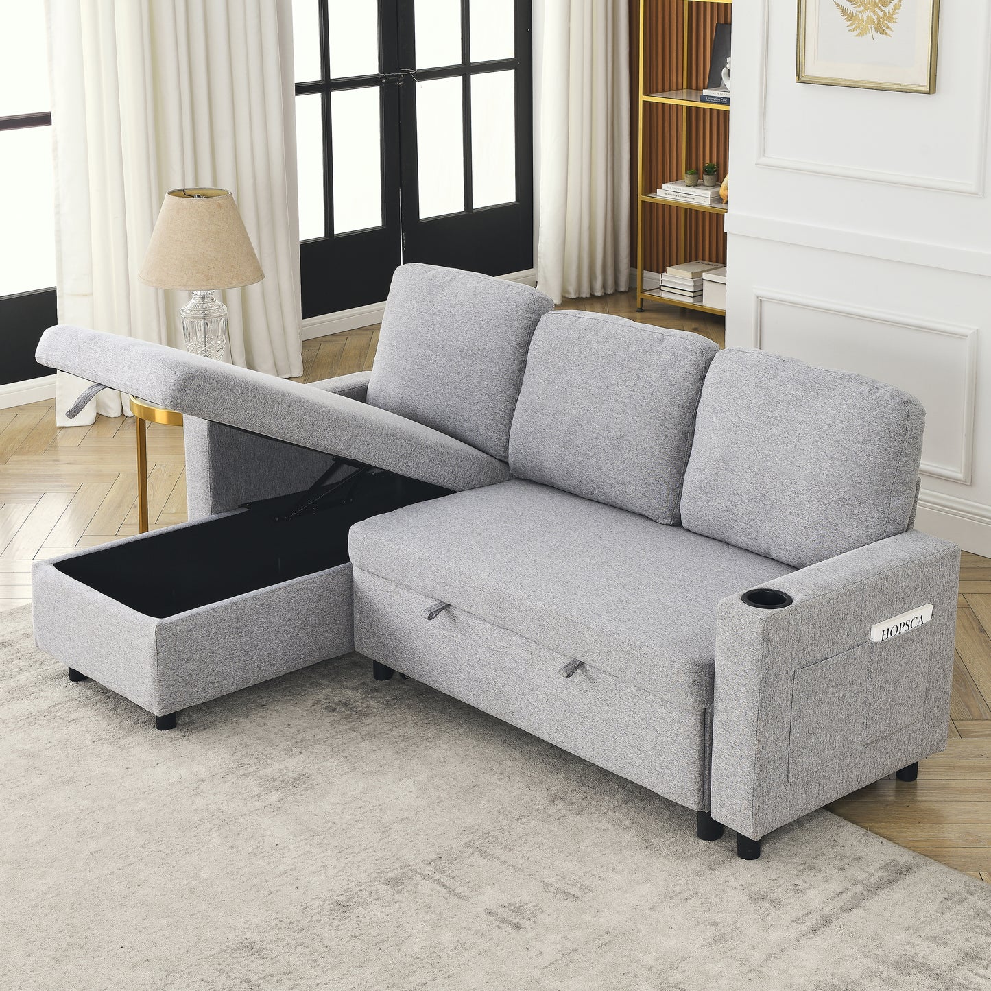 Linen L-Shaped Combo Sofa Bed, Reversible Sleeper