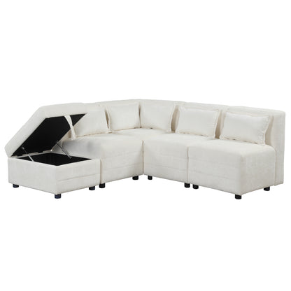 Sectional Sofa 5-seater Modular Couches, Storage Ottoman, 5 Pillows, Cream