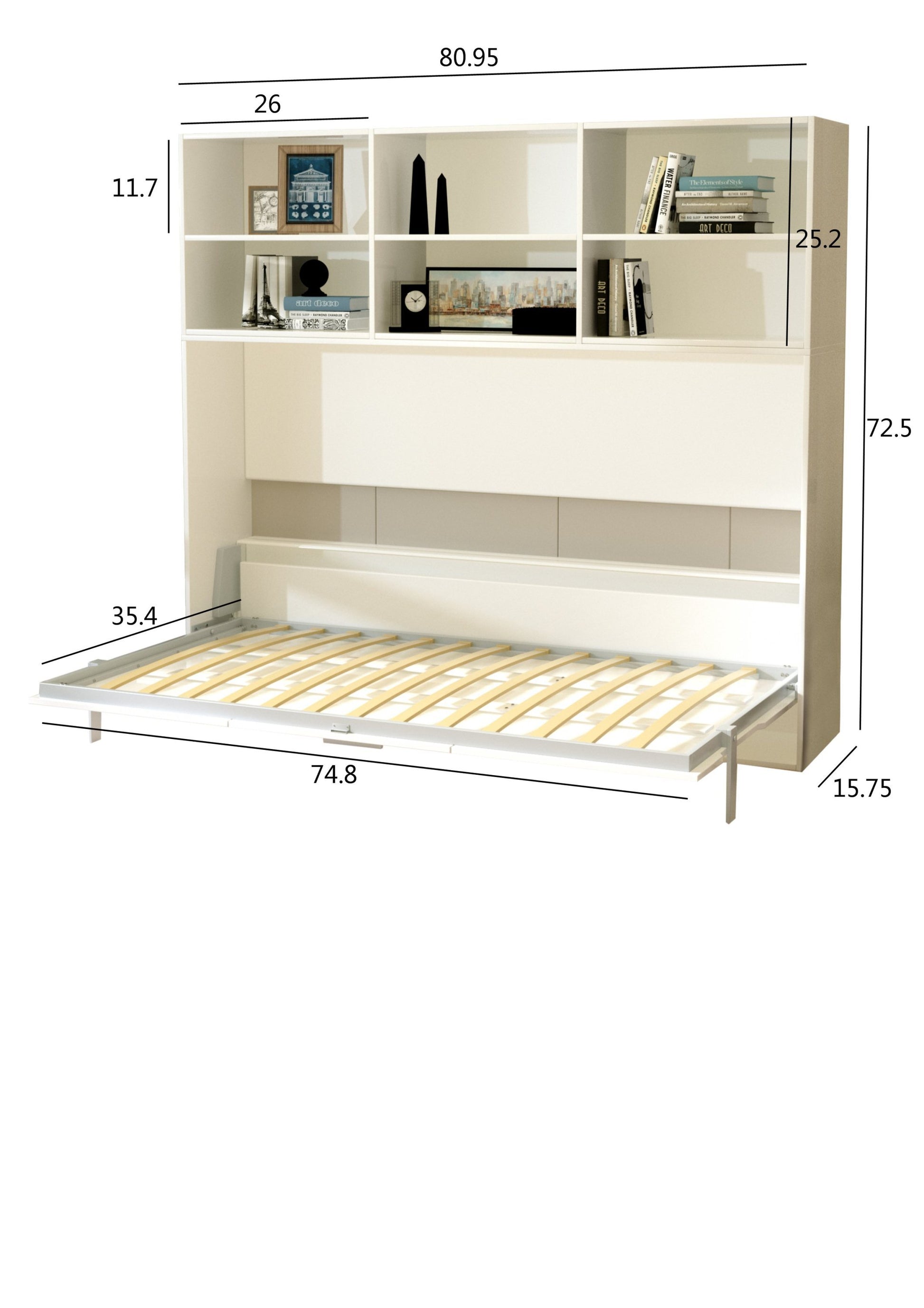 Modern Twin Horizontal Murphy Bed, Shelf, White, Space-Saving