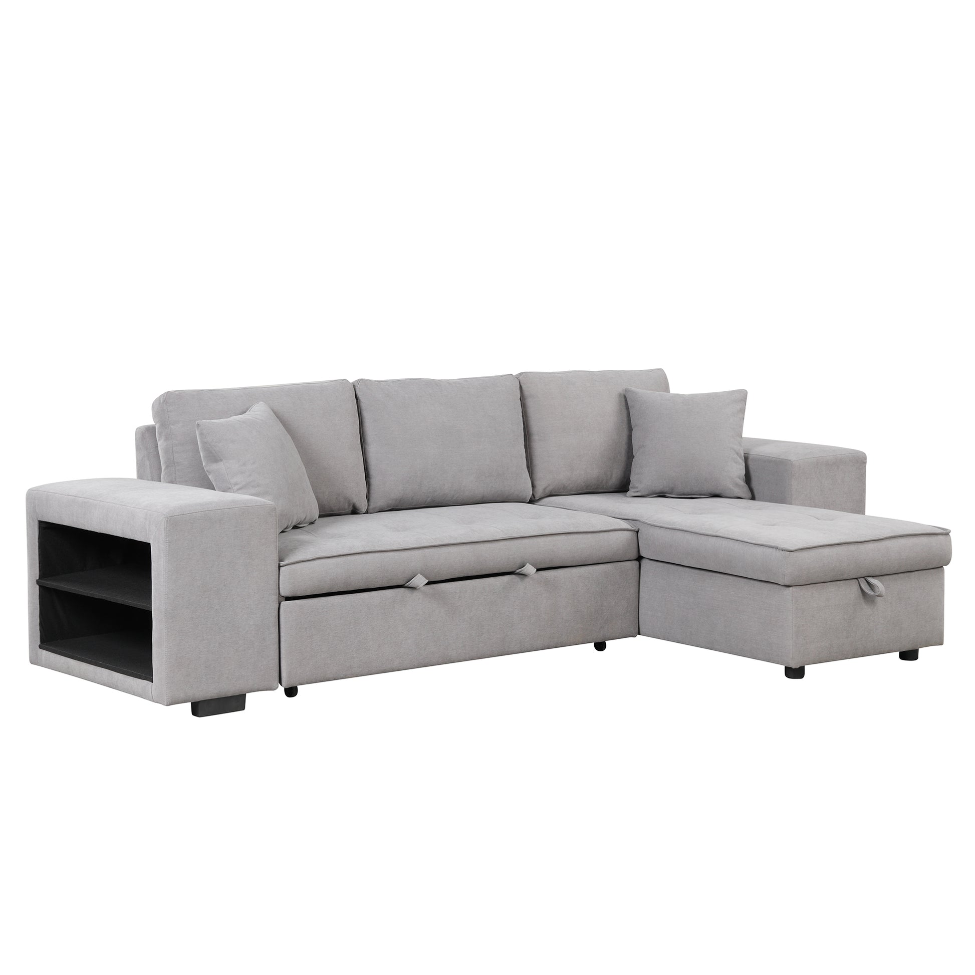 Modern L-Shape Sectional, Sleeper Sofa, Storage Chaise, 2 Stools, Grey